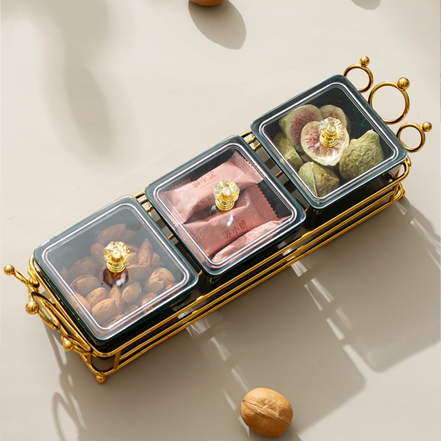 YA JU Ceramic Bowls and with Lid Gold Basket Trays, 4 Removable Small Bowls Condiment Trays Nut Serving Set for Snacks, Fruits, Candy and Condiments - Great for Parties, Holiday Gifts,White BST202