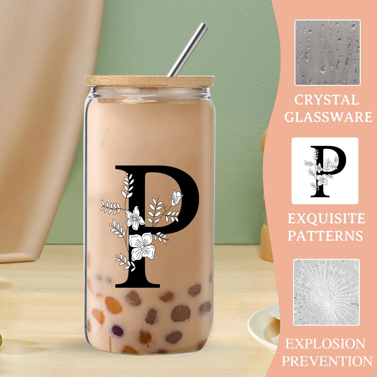 Monogrammed Initial Glass Cup with Lids and Straws gift for Women | Personalized Gift Set with Doll, 16 Oz Ice Coffee Cup ,reusable glass tumbler,Birthday Christmas Gift for Her,U WN420