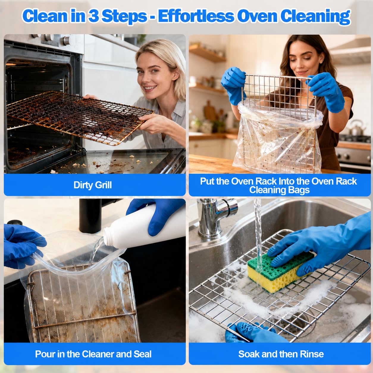 Palksky Oven Rack Cleaning Bags, 3 Sizes Heavy Duty No Scrub Bags for Use with Oven Cleaner, Reusable Leak-Resistant PE Bags for Deep Soaking Grill Grates & BBQ Racks, No Cleaner Included, 16 Packs WN420
