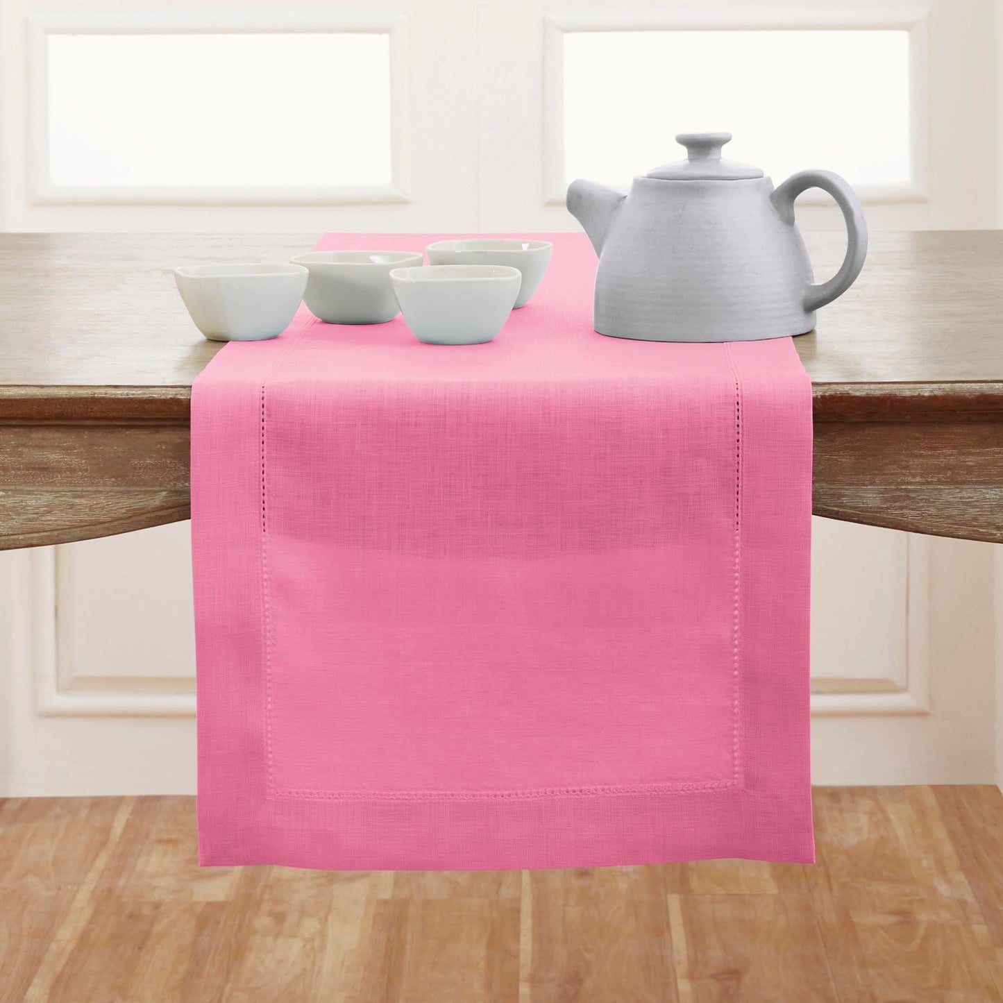Solino Home 100% Pure Linen Table Runner Garden Green Hemstitch, 14 x 48 in | Classic Hemstitch Table Runners for dining, hallway and console table styling | hand hemstitched borders | OEKO-TEX Certified BST326SOLH
