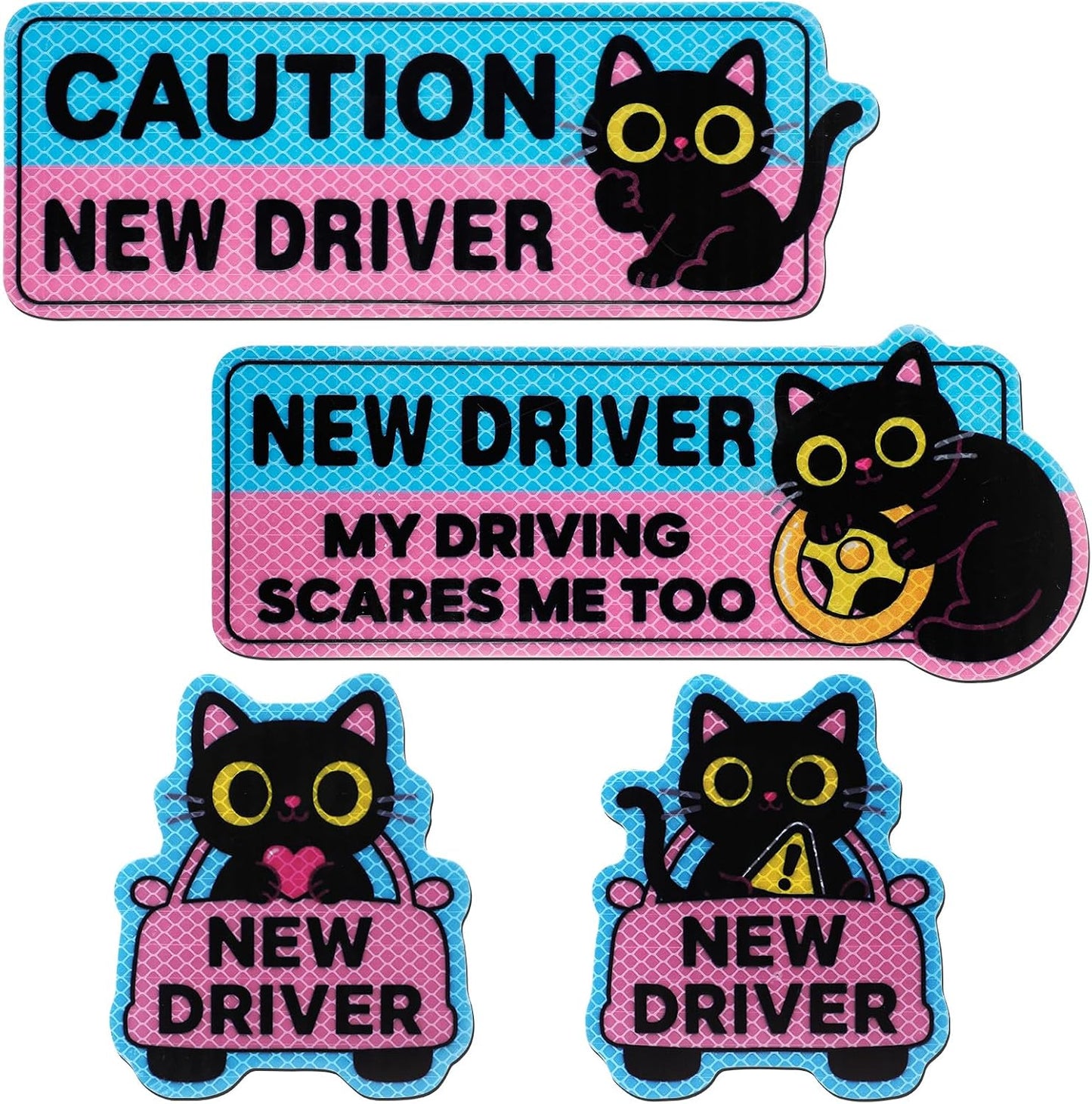 4PCS Black Cat New Driver Car Magnet, New Driver Magnet for Car, Cute Shivering Cat Reflective Reusable Student Driver Safety Sign for Car Bumper BST220