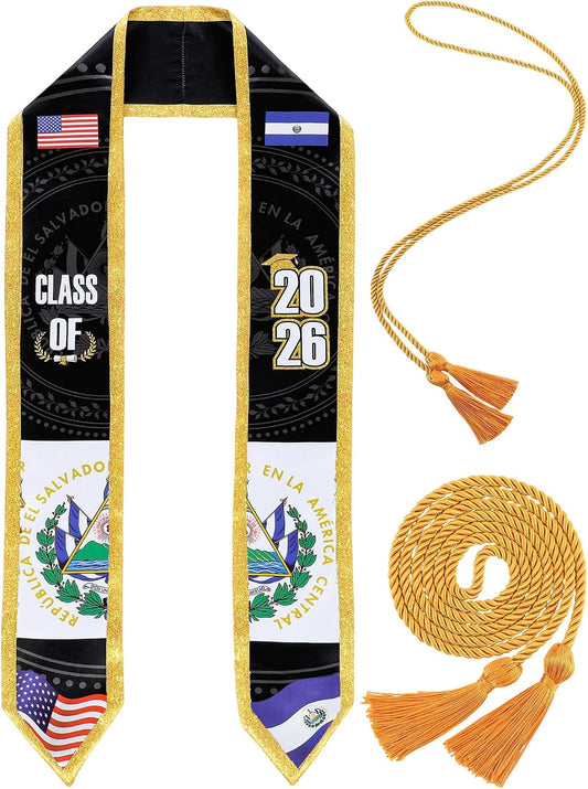 Shihanee 2 Pcs National Flag Graduation Stole with Cap Tassel Class of 2026 Mixed Country 72" USA and El Salvador Flag Graduation Sash Honor WN420