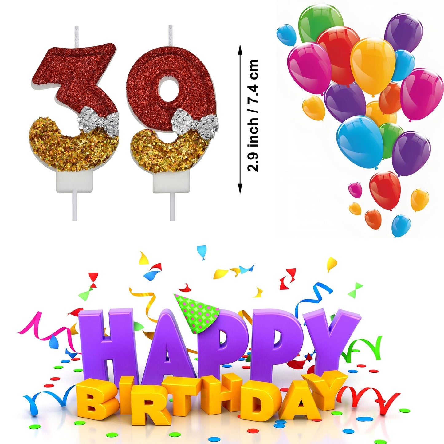39th 93rd Birthday Candles, Red 93 39 Year Old Number Birthday Candles, Happy Birthday Party Cake Topper Decoration Gifts for Women Men BST220