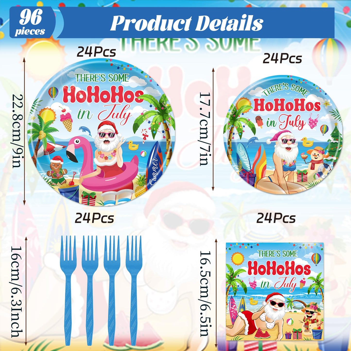 Gameza July Christmas Party Decorations Tableware, 96PCS There's Some Hohoho's in July Disposable Paper Plates and Napkins Decoration, Summer Xmas Beach Forks Decor Supplies Serves 24 BST220