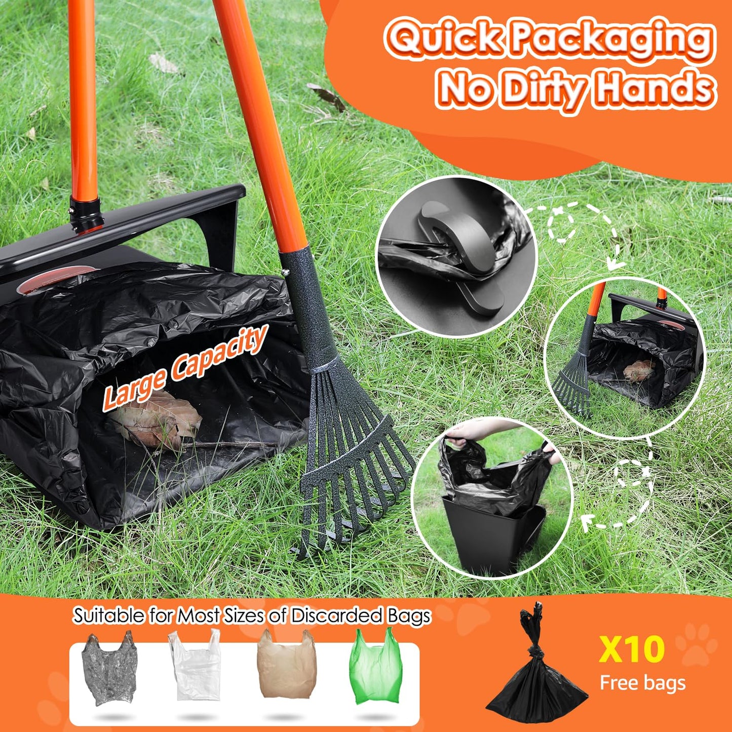 SlowTon Dog Pooper Scooper - 37.4" Long Metal Handle Adjustable Rake & Spade & Swivel Bin with 10 Waste Bags, Portable Pooper Scooper N3233