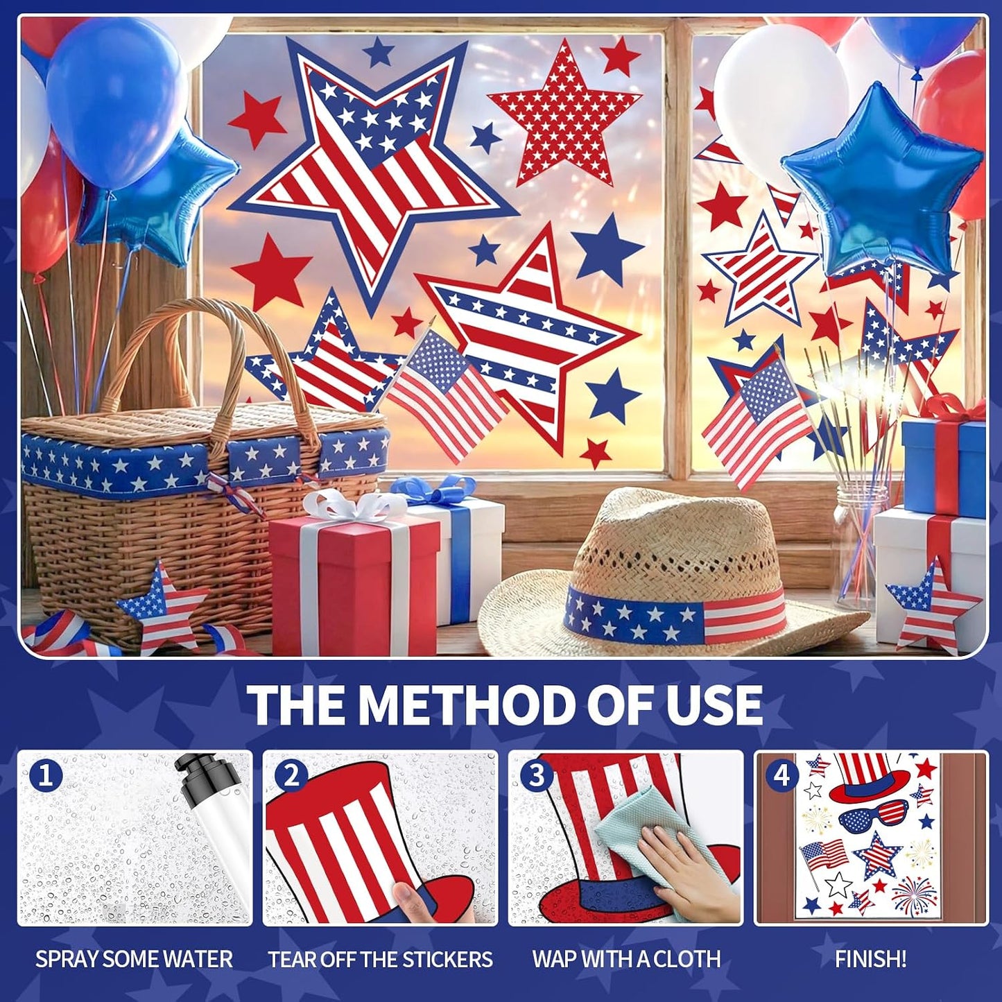 9 Sheets 4th of July Window Clings Double Sided Reusable Independence Day Window Decals Stickers for Festival Holiday Party Shop Glass Display Decoration BST326L