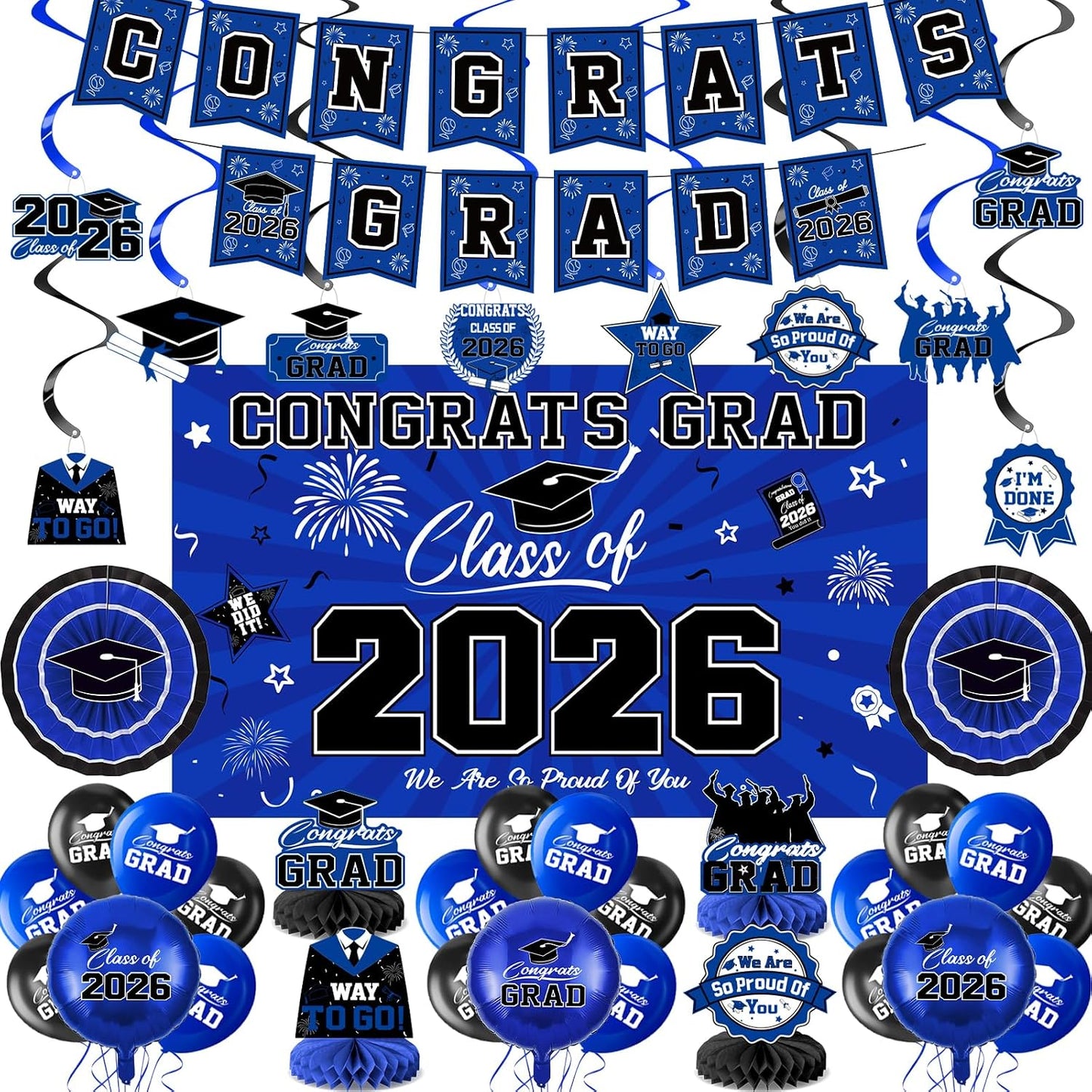 Graduation Decorations 2026-Blue and Black Graduation Party Decorations Supplies Class of 2026 with Graduation Banner, Backdrop, Balloons, Centerpieces, Hanging Swirl for Grad Party BST326H