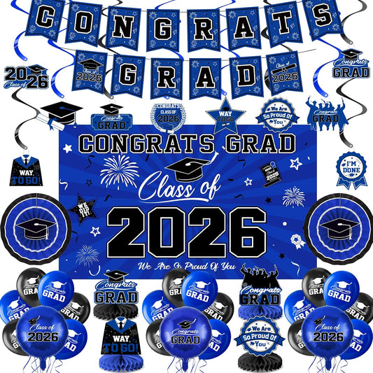 Graduation Decorations 2026-Blue and Black Graduation Party Decorations Supplies Class of 2026 with Graduation Banner, Backdrop, Balloons, Centerpieces, Hanging Swirl for Grad Party BST326H