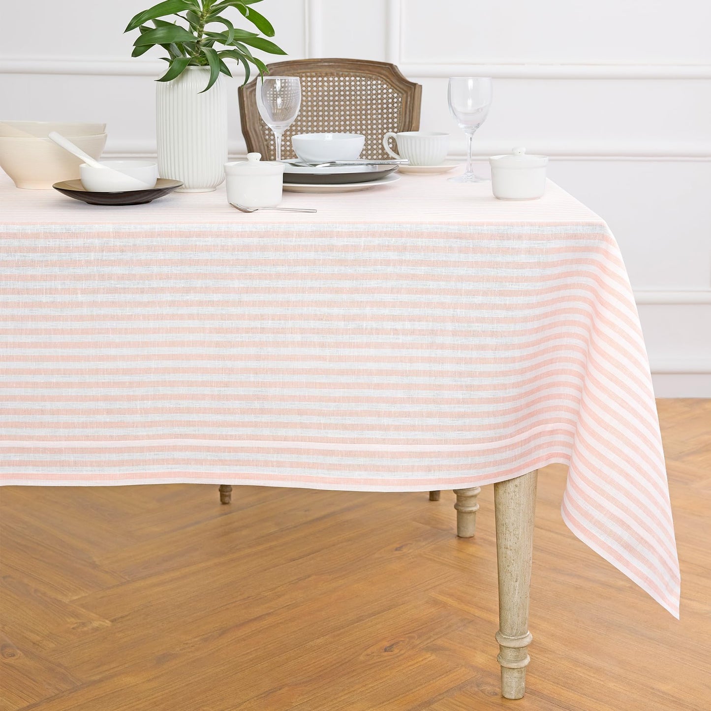 Solino Home 100% Linen Table Cloth, Throw, 52 x 52 in, Coral, Amalfi Stripe | Striped Linen Tablecloth a neat topper for bistro, card and side tables | Coral and White | Pure Linen | OEKO-TEX Certified BST326SOLH