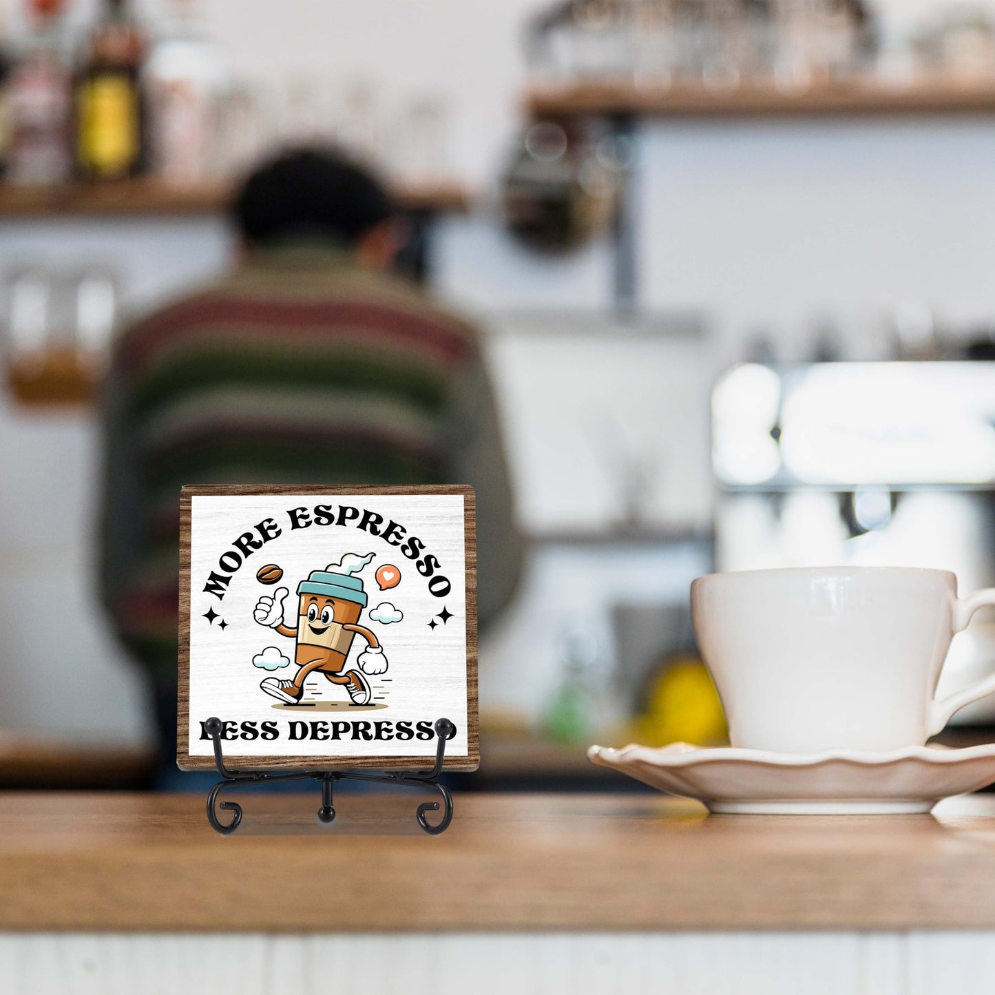 Coffee Bar Decor, Farmhouse Kitchen Table Decor, Coffee Station Accessories, Wooden Decorative Sign with Iron Stand for Table Desk Shelf Display-E21 BST220