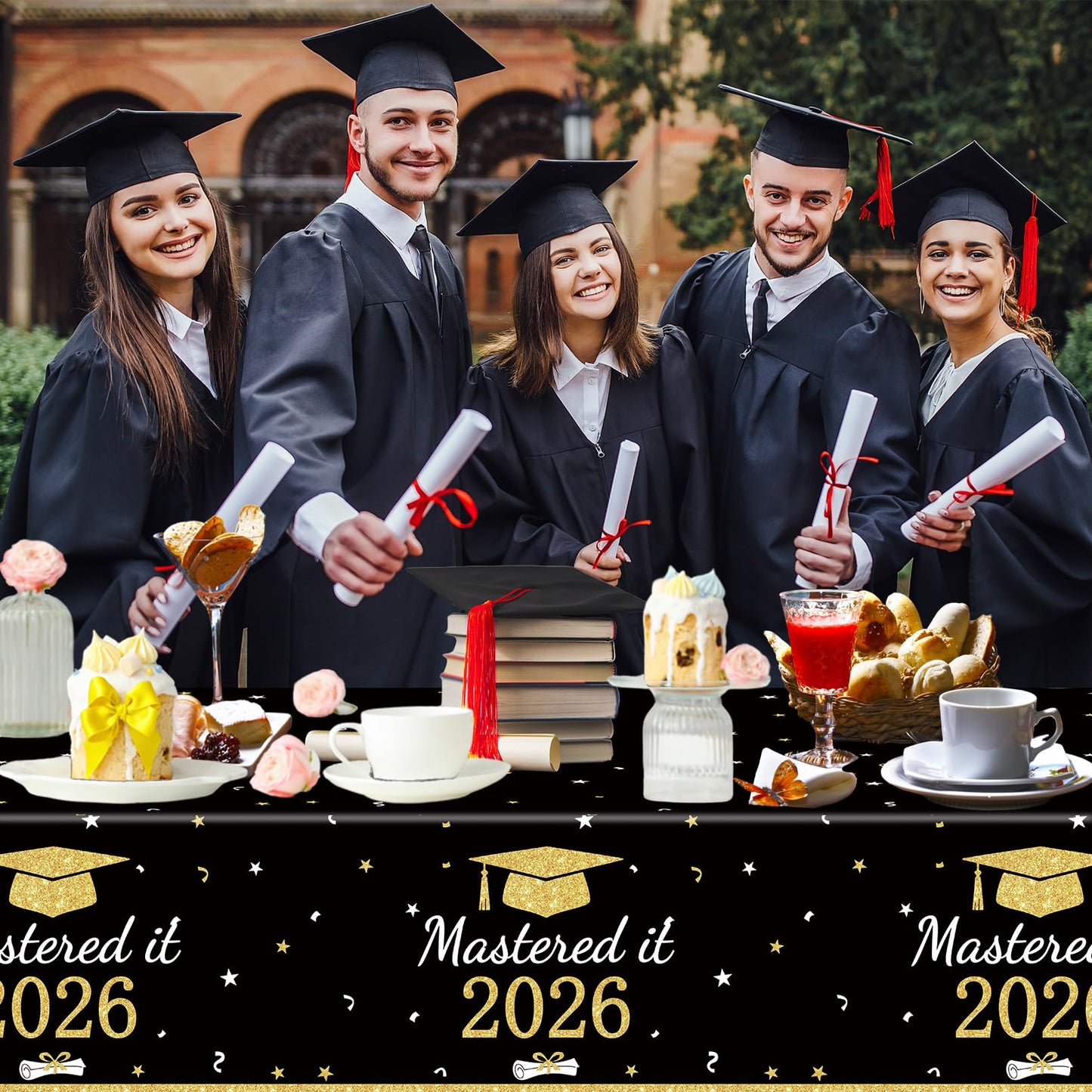 3PCS Mastered It Graduation Tablecloth Black Gold Congrats Grad Table Cover Plastic Master's Graduation Party Supplies for Class of 2026 Master College Disposable Decorations WN420
