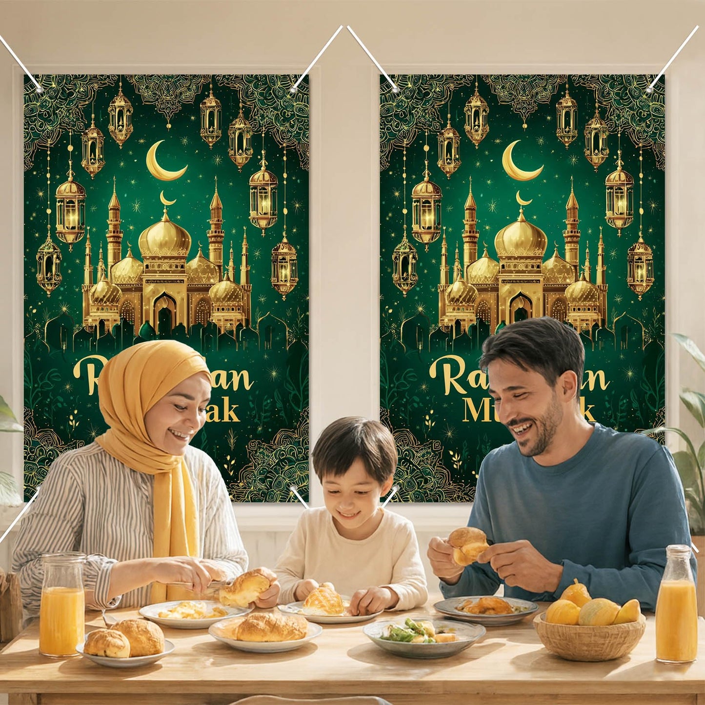 HOMETITUTE Eid Ramadan Window Banner Holiday Curtain Backdrop 31x47 Fabric | Mubarak Cover Festival Screen Windows Banner Hanging Living Room Bedroom Home Crescent Moon Star Pattern Design BST326H