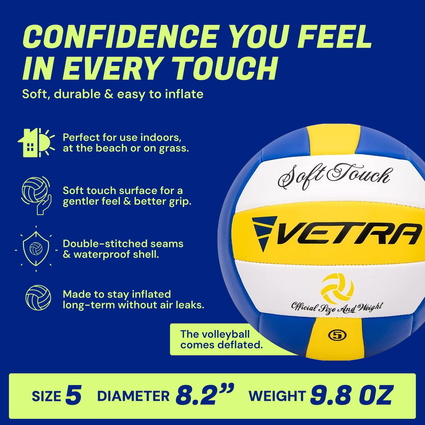 VETRA Premium, Soft Touch Volleyball, Official Size 5, Super Soft Volleyball Training Equipment for Professional & Recreational Use Practice, Sports & Outdoor, Women & Men WN420