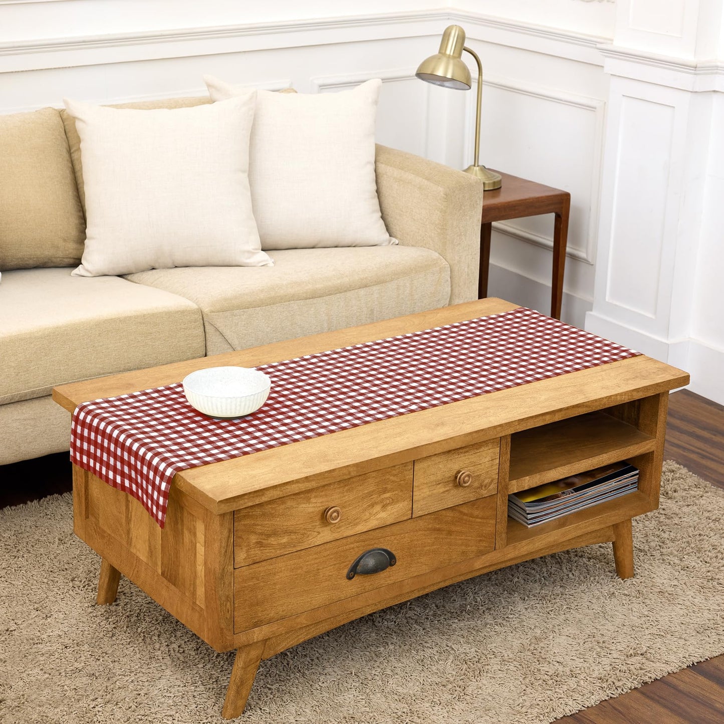 Solino Home 100% Pure Linen Table Runner Apricot, Gingham Check 14 x 36 in | Table Runners for nightstands, end tables, coffee tables and dressers | checkered weave, mitered corners | OEKO-TEX Certified BST326SOLH