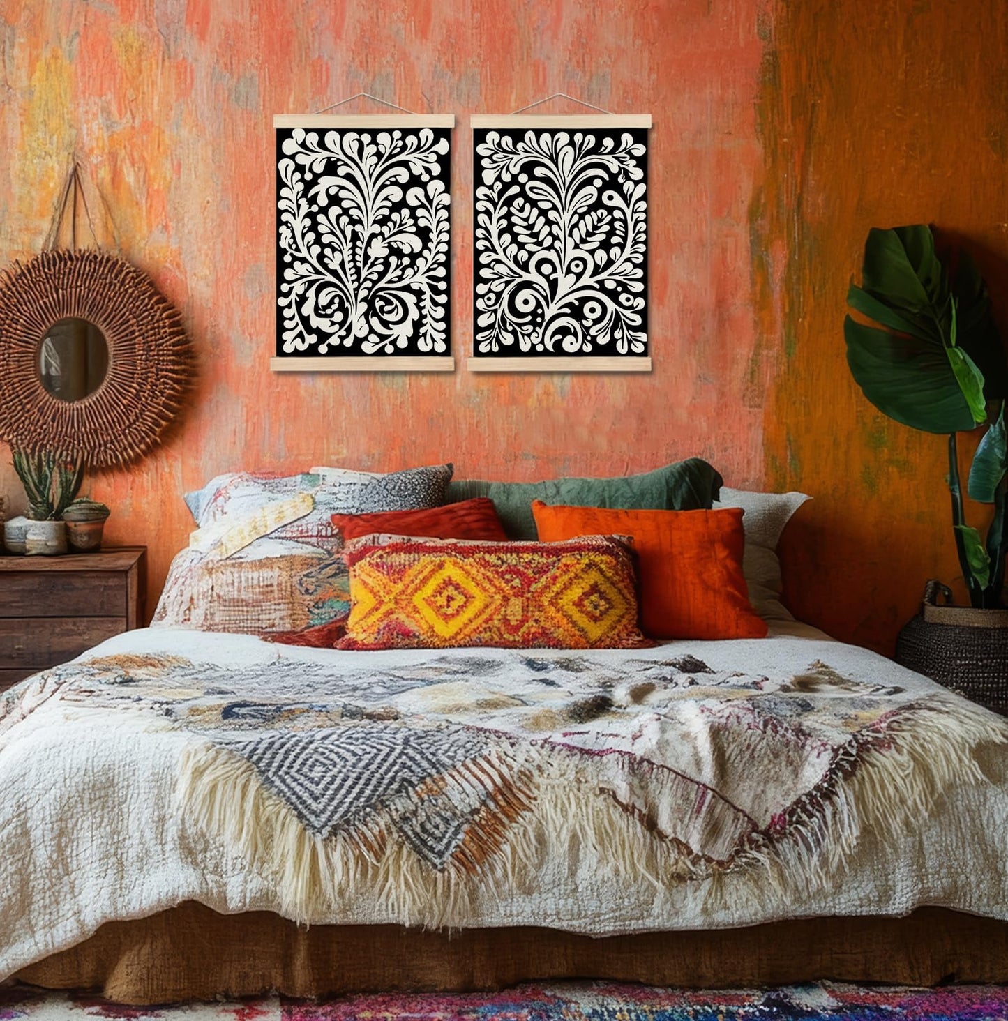 SPBL&L Green Boho Floral Mexican Wall Art, Abstract Flower Poster Hanger Frame, Burnt Orange Terracotta Botanical Hanging Canvas Pictures Prints Wall Decor for Home Bedroom, 12x16 Inch Set of 2 BST202