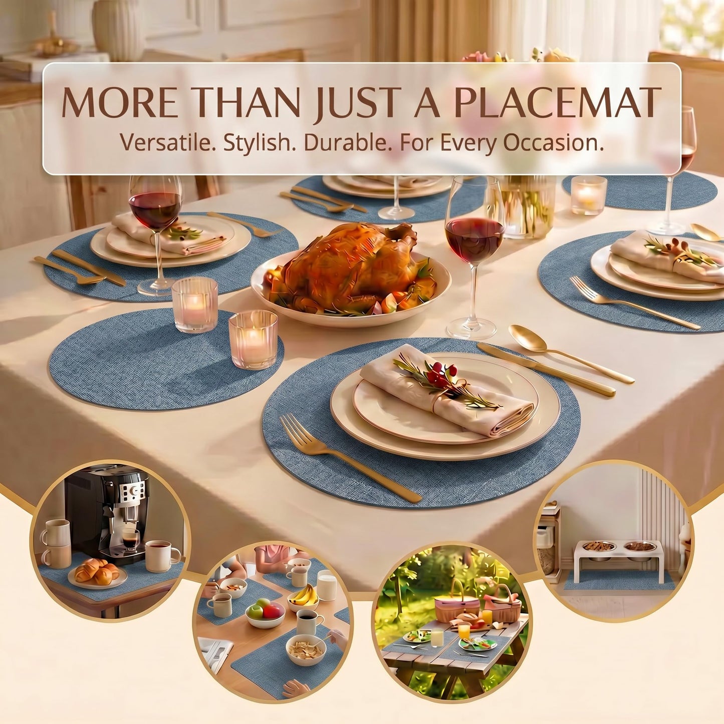 Faux Leather Placemats Set of 6, Wipeable Waterproof Stain Resistant Table Mats, Heat Resistant Thick Placemats with Hand-Painted Edges for Kitchen Dining, Imitative Linen Texture, Various Shapes BST326H