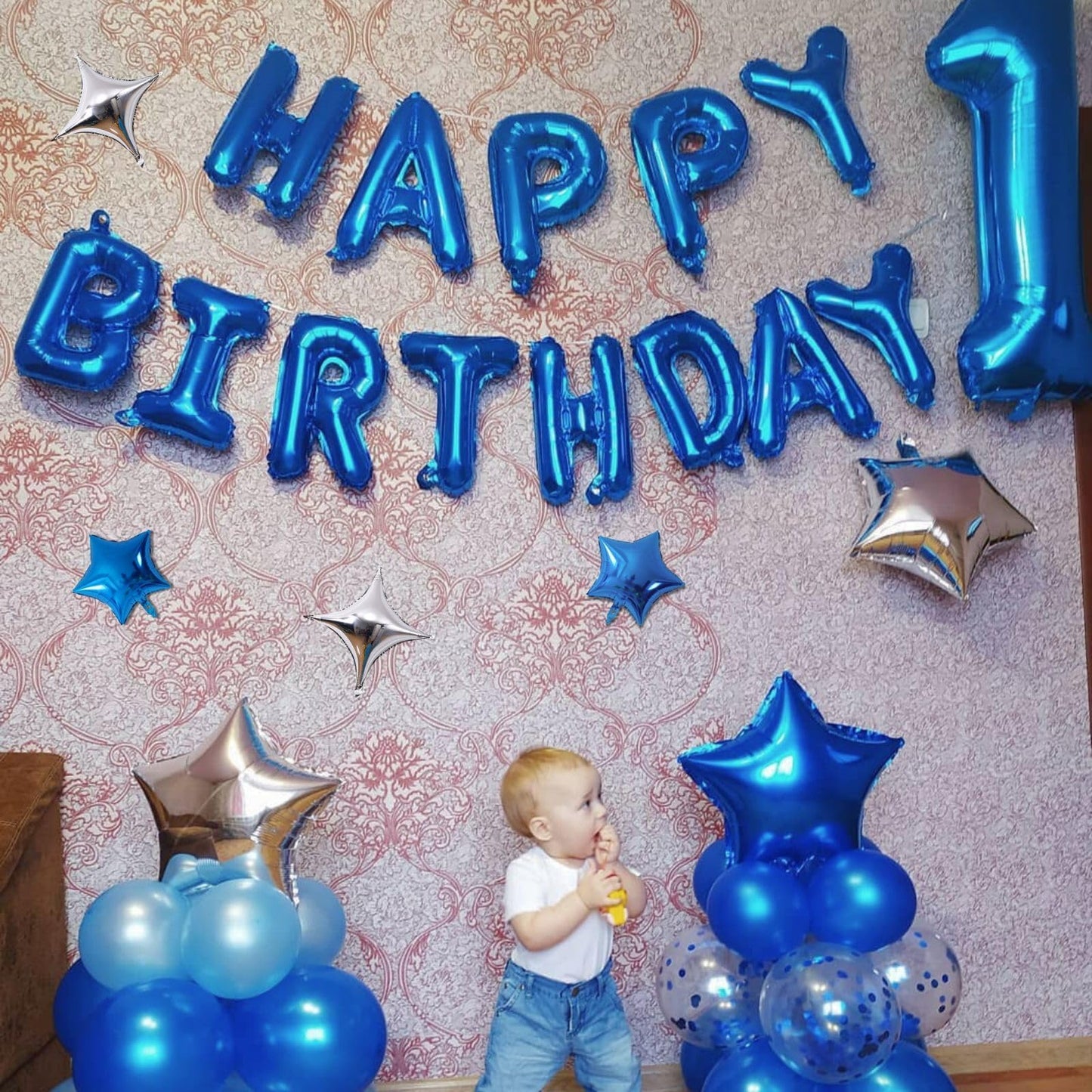 Happy Birthday Balloons Banner, Rainbow Happy Birthday Foil Balloons 16 Inch Foil Letter Balloon with 8 Pcs Gradient Blue Pink Star Balloon for Women Men Boys Girls Birthday Party Decoration WN420
