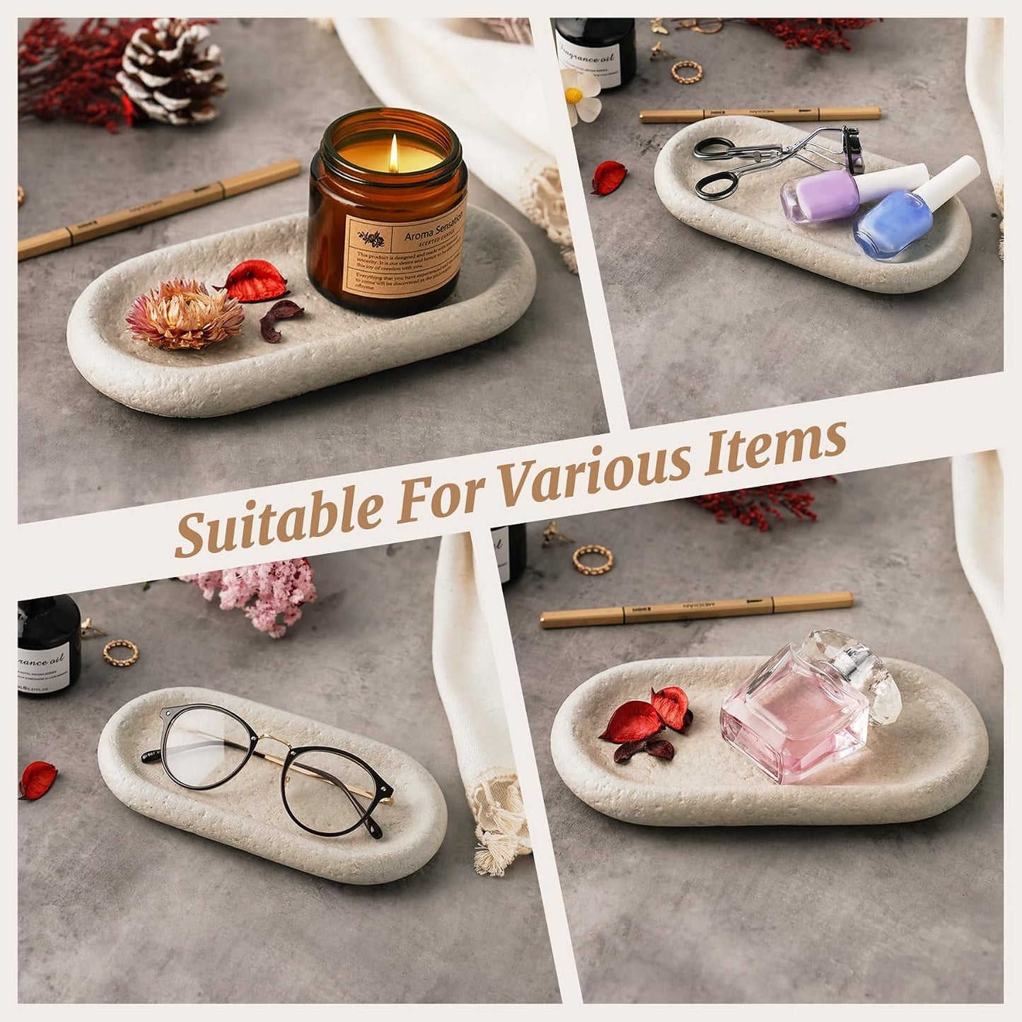 NiHome Natural Travertine Jewelry Tray for Bracelets, Necklaces, Rings, 7.8"x3.9"x0.86" Durable and Easy-to-Clean Key Dish, Minimalist Cement Organizer Decorative Tray for Bedroom, Vanity, Living Room BST326L