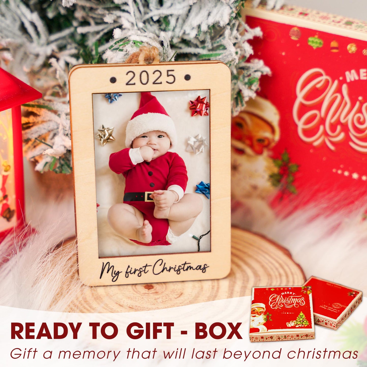 Hangwoous Baby's First Christmas Photo Frame Ornament 2025 | Wooden portrait frame keepsake, first Christmas photo gift for baby BST202