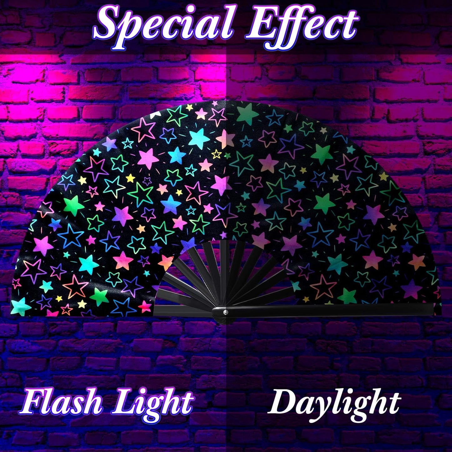 FairySandy Large Rave Fan UV Glow Clack Summer Hand Fan with Thigh Holster for Women Carnival Party Supplies for Carnival Edm Music Festival Club Accessories(Cool Style,Black) WN420