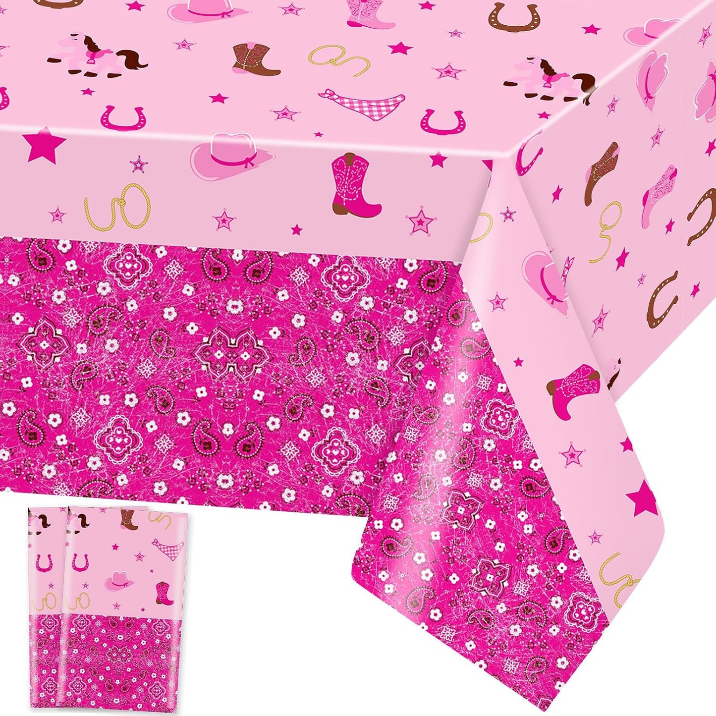 Domgoge Cowgirl Table Cloths Western Cowgirl Plastic Table Covers Pink Felt Horse Tablecloth Rectangular Tablecloth Disposable Waterproof Table Cloth Cover for Girls Birthday Party Supplies, 2pcs WN420