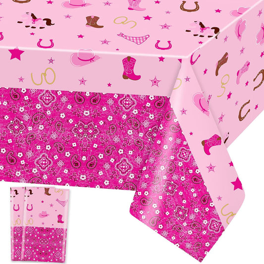Domgoge Cowgirl Table Cloths Western Cowgirl Plastic Table Covers Pink Felt Horse Tablecloth Rectangular Tablecloth Disposable Waterproof Table Cloth Cover for Girls Birthday Party Supplies, 2pcs WN420