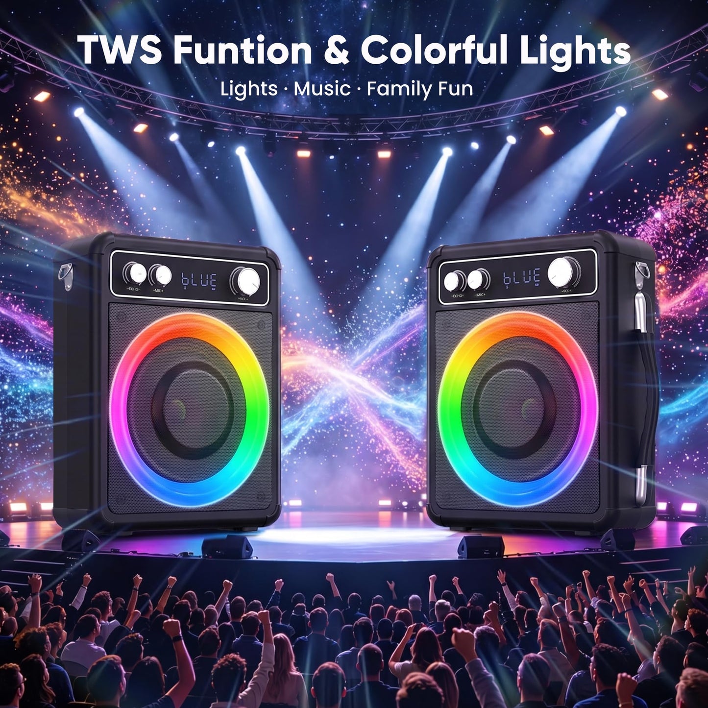 VOSOCO Karaoke Machine with 2 Wireless Microphones, Portable Bluetooth Speaker for Adults Kids, PA Systems Support TWS Echo Adjust TF USB AUX for Home Party Outdoor Travel