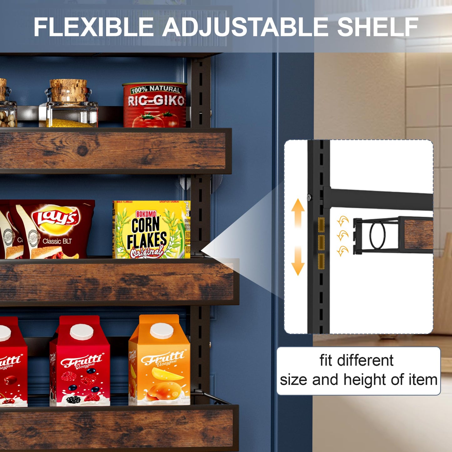 8 Tier Over The Door Pantry Orangizer 2 IN 1 Wall Mounted or Hanging Spice Rack with Adjustable Wood Basket,Heavy Duty Seasoning Storage Shelf for Kitchen Pantry and Bathroom BST220