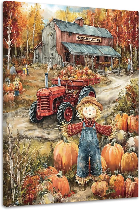 WOTYPU Fall Farmhouse Wall Art Decor, Farmhouse Fall Decor, Rustic Pumpkin Patch Scarecrow Truck Harvest Autumn Thanksgiving Framed Canvas Prints Poster Wall Decorations for Farm Home, 11x14 BST326H