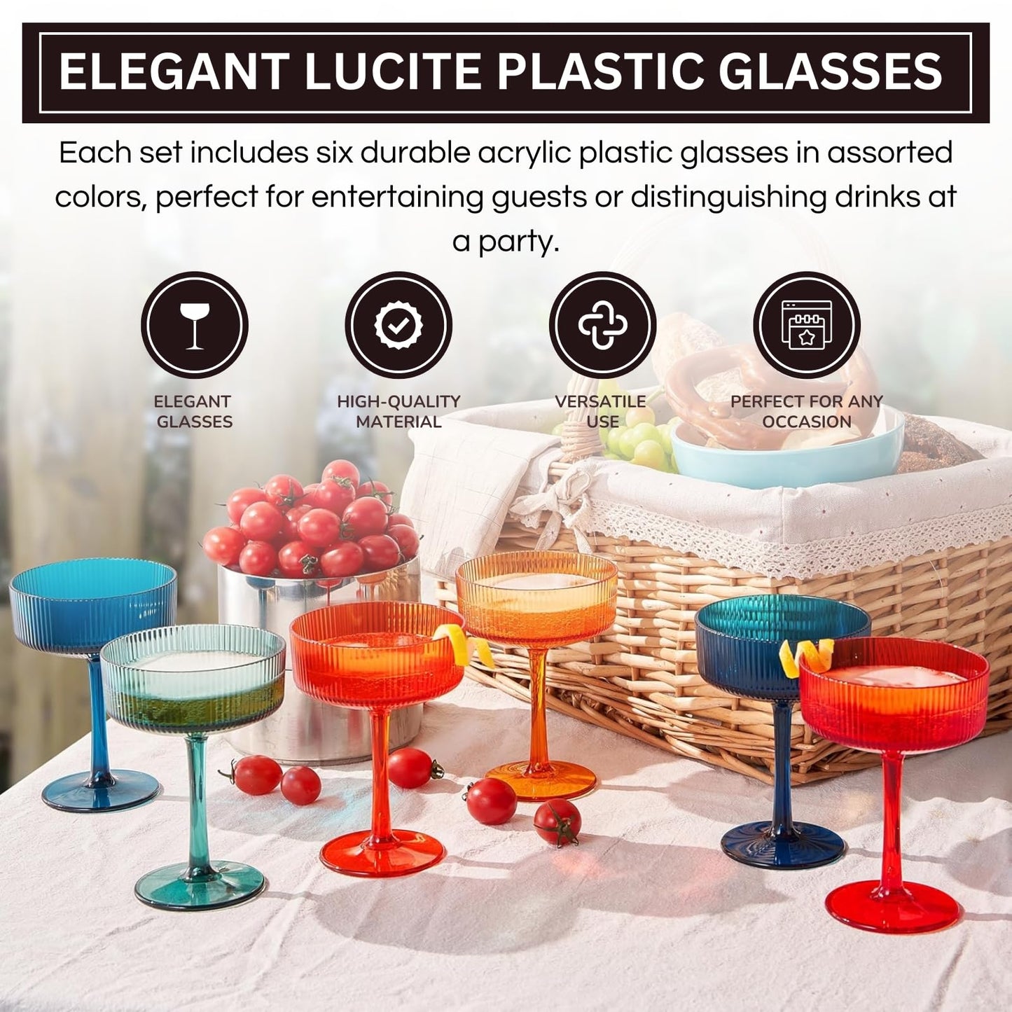 Khen Pink Peach Acrylic Ribbed Coupe Martini Champagne Cocktail Glasses, Set of 4, 8 oz Shatterproof Ripple Stemware European Style Reusable Drinkware Goblets, Indoor Outdoor Parties Weddings Bar Gift BST220