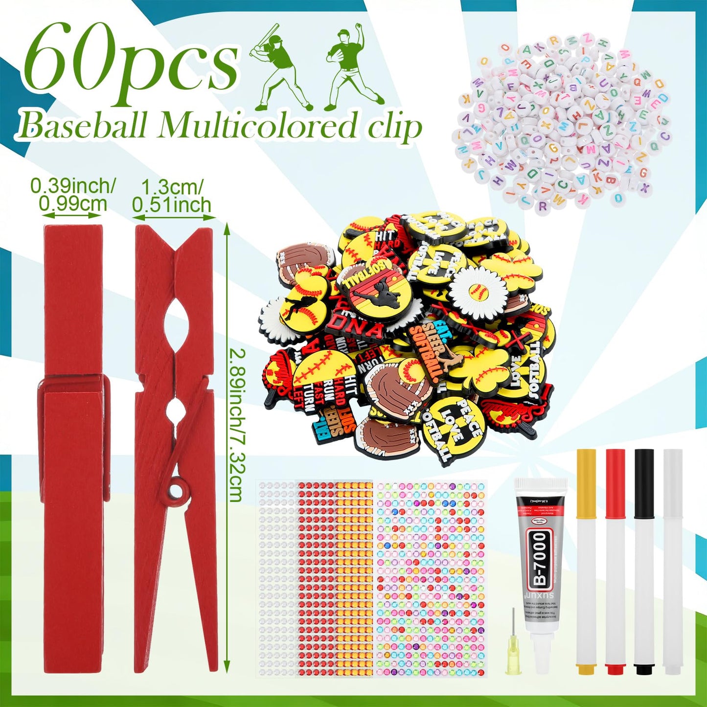 Amyhill 60 Sets Baseball Cheer Pins Wooden DIY Spirit Clips Clothes Pins with 260 Alphabet Beads 4 Rhinestone Stickers 4 Markers 9 ml Glue 60 Baseball Stickers for Cheerleaders Gifts Backpacks Decor BST326H