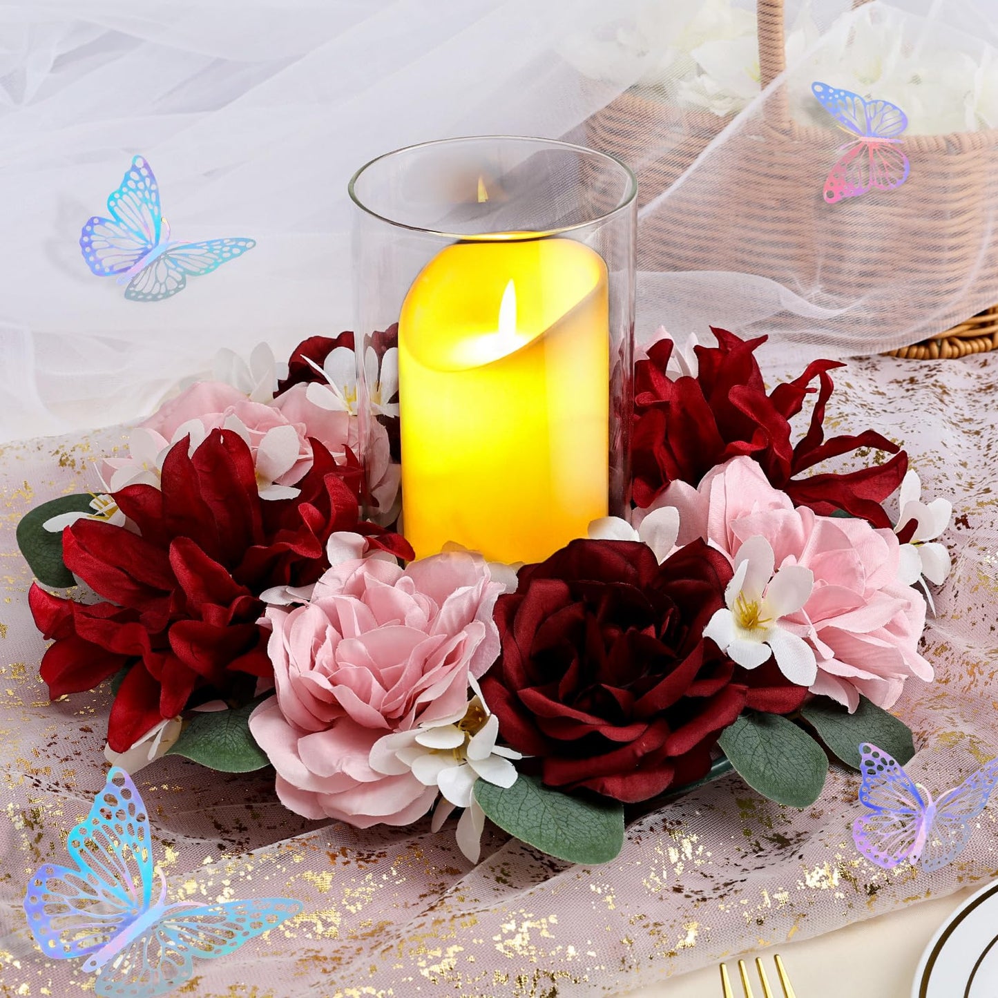 Artificial Flower Candle Rings - 6 Inch Inner Rose Floral Wreaths for Wedding Bridal Event Table Centerpieces Backdrop Decorations (Dusty Pink & White, 6 X Candle Rings) WN420