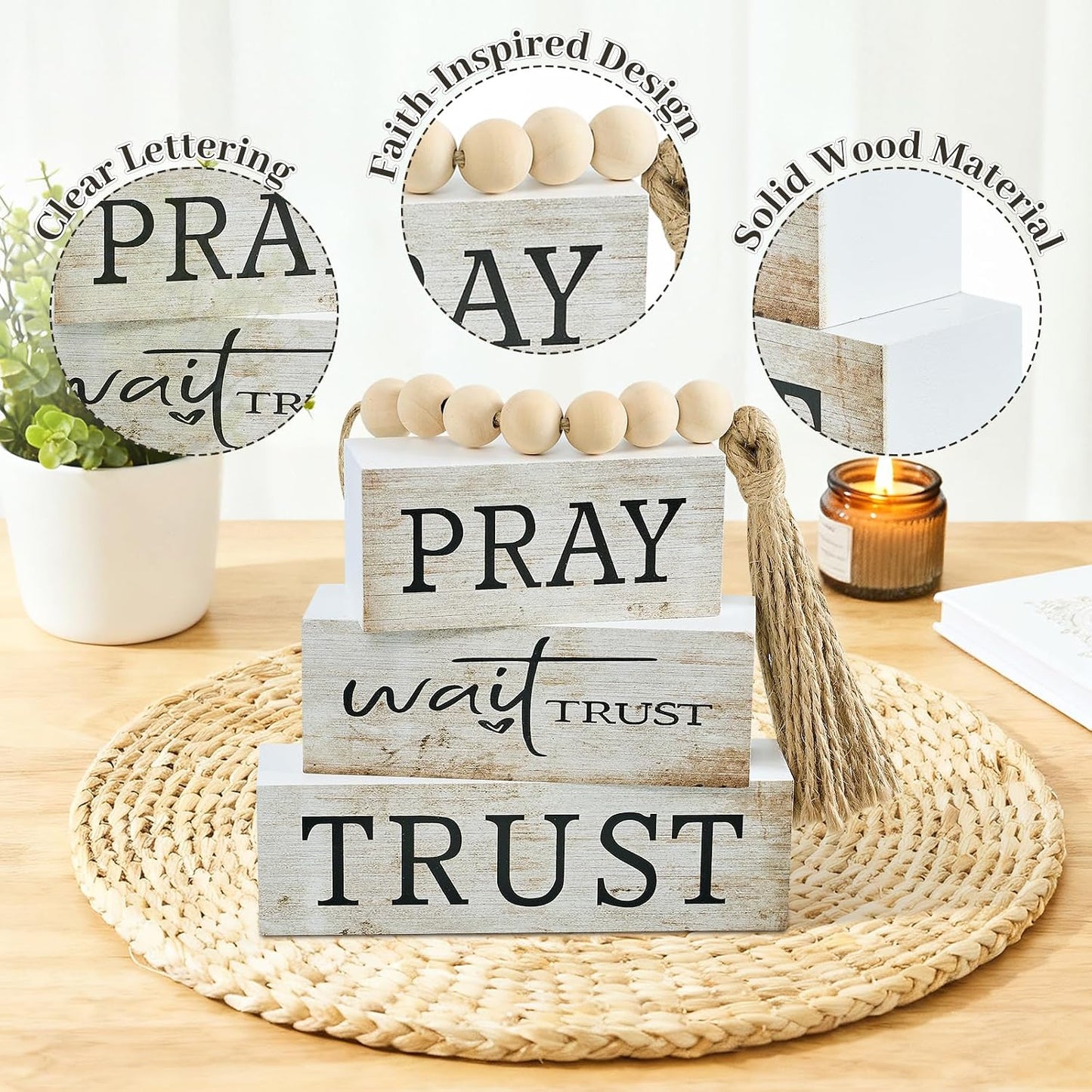 4 Pcs Pray Wait Trust Wooden Blocks Set, Christian Tabletop Decor with Bead Garland, Bible Verse Desk Centerpiece, Farmhouse Religious Wood Signs for Home Shelf, Office, Prayer Space BST220