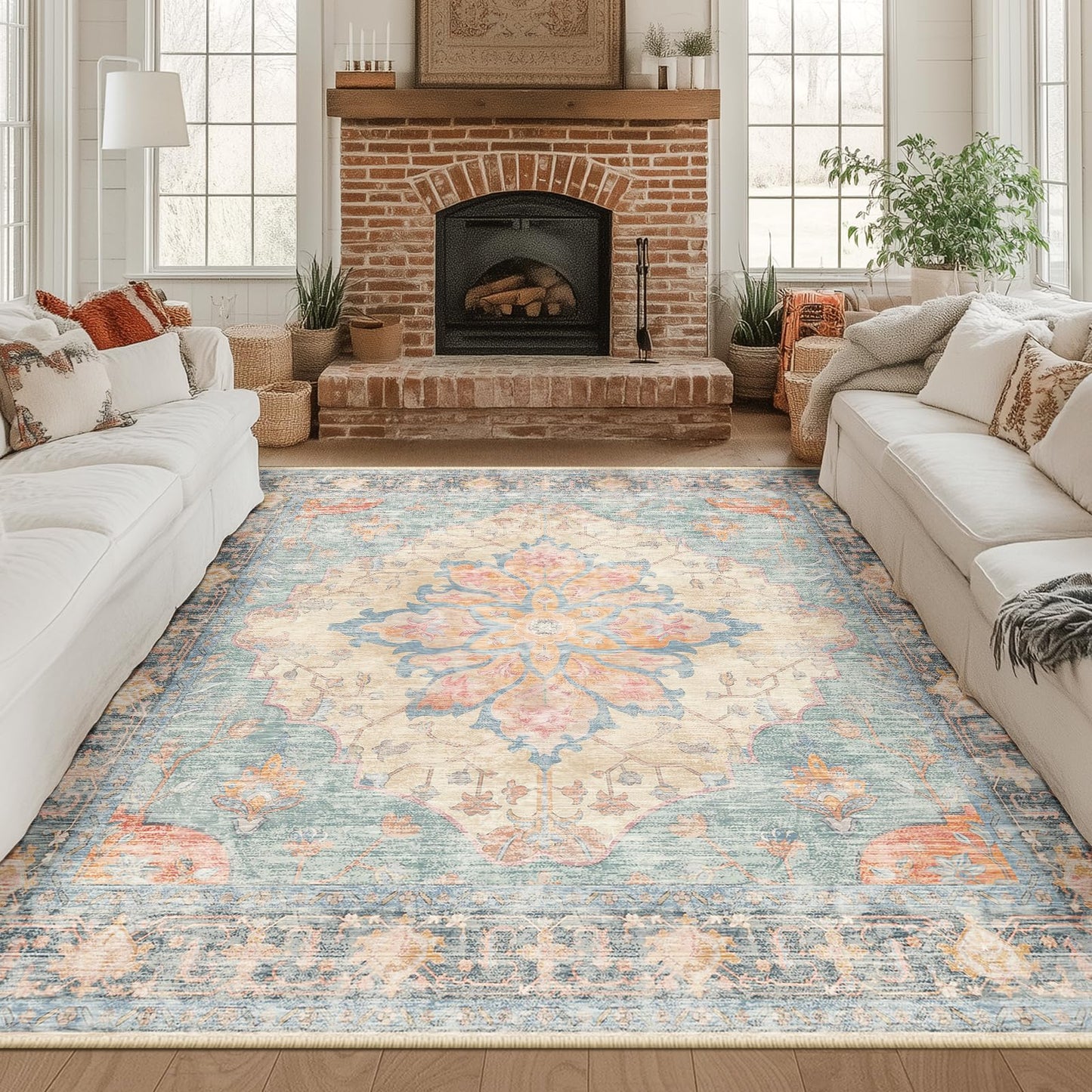 RELEANY Area Rugs Runner 2'x6' Washable Non-Slip, Floral Vintage Distress Medallion Carpet for Kitchen Hallway Bedroom Beside Laundry Room Bathroom, Teal Green Lake Blue Turquoise DD1210
