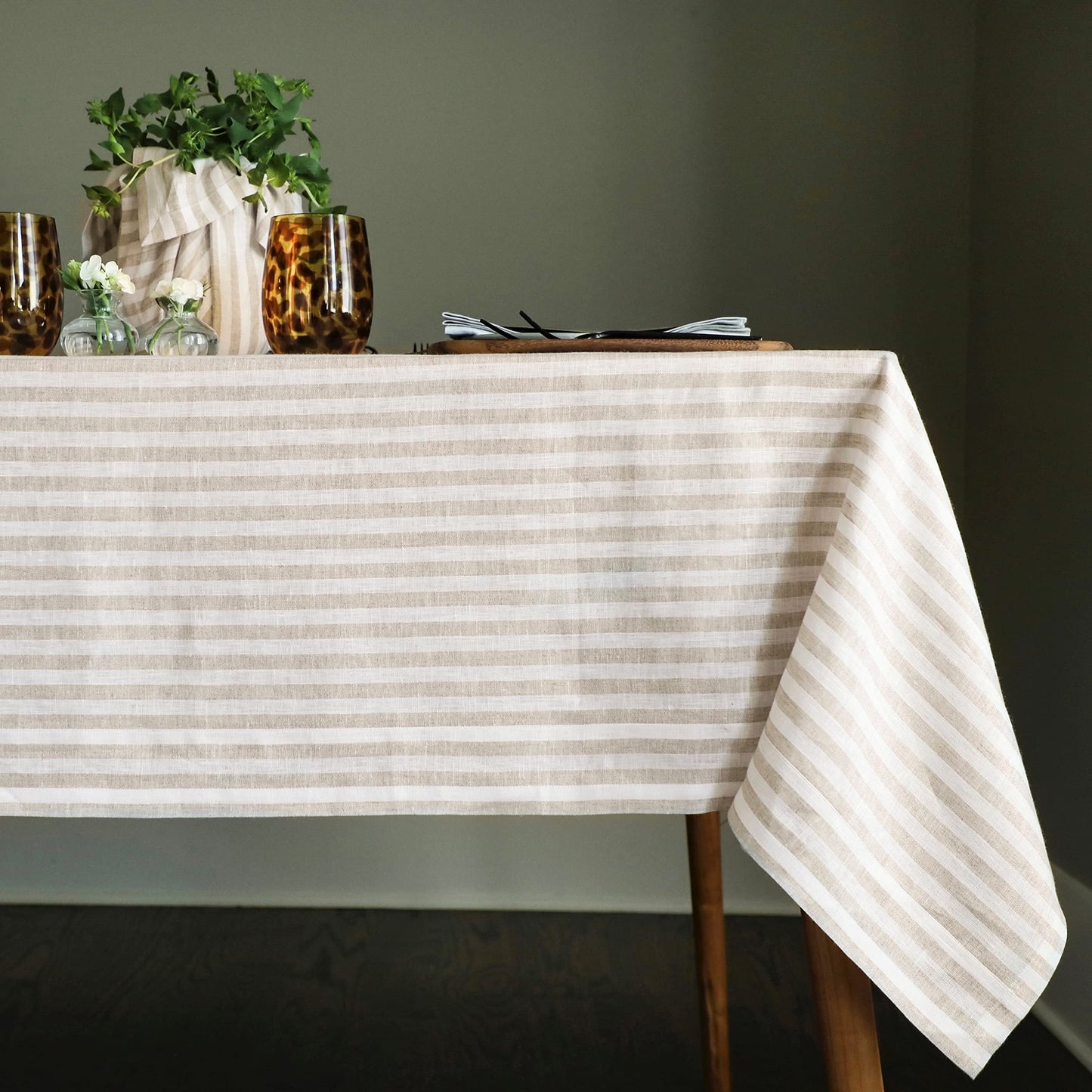 Solino Home 100% Linen Table Cloth, Throw, 52 x 52 in, Coral, Amalfi Stripe | Striped Linen Tablecloth a neat topper for bistro, card and side tables | Coral and White | Pure Linen | OEKO-TEX Certified BST326SOLH