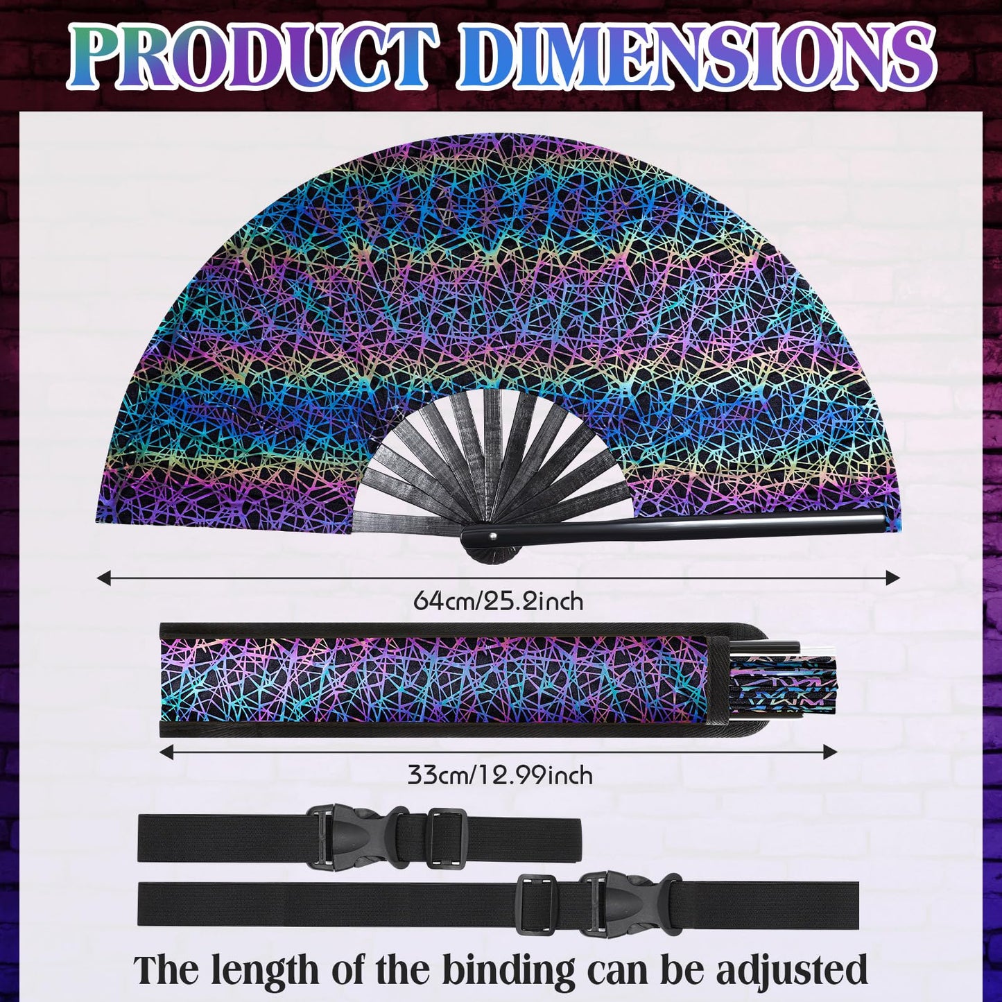 FairySandy Large Rave Fan UV Glow Clack Summer Hand Fan with Thigh Holster for Women Carnival Party Supplies for Carnival Edm Music Festival Club Accessories(Cool Style,Black) WN420