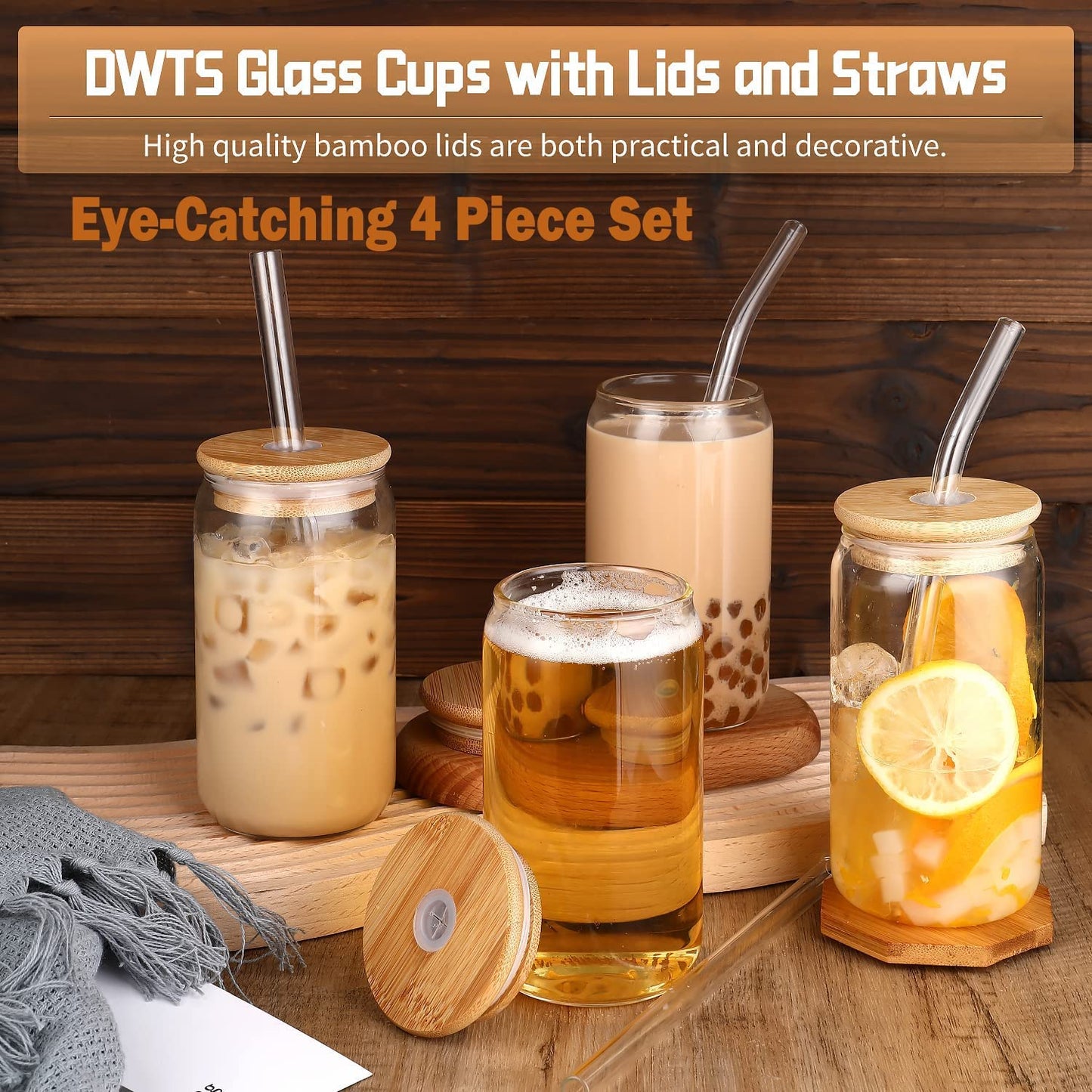 DWTS DANWEITESI Glass Cups “20oz”,Glass Cups with Lids and Straws 4 pcs-Coffee Cups,Drinking Glasses Set,Glass Tumbler with Straw and Lid Gift 2 Cleaning Brushes 600ml BST202