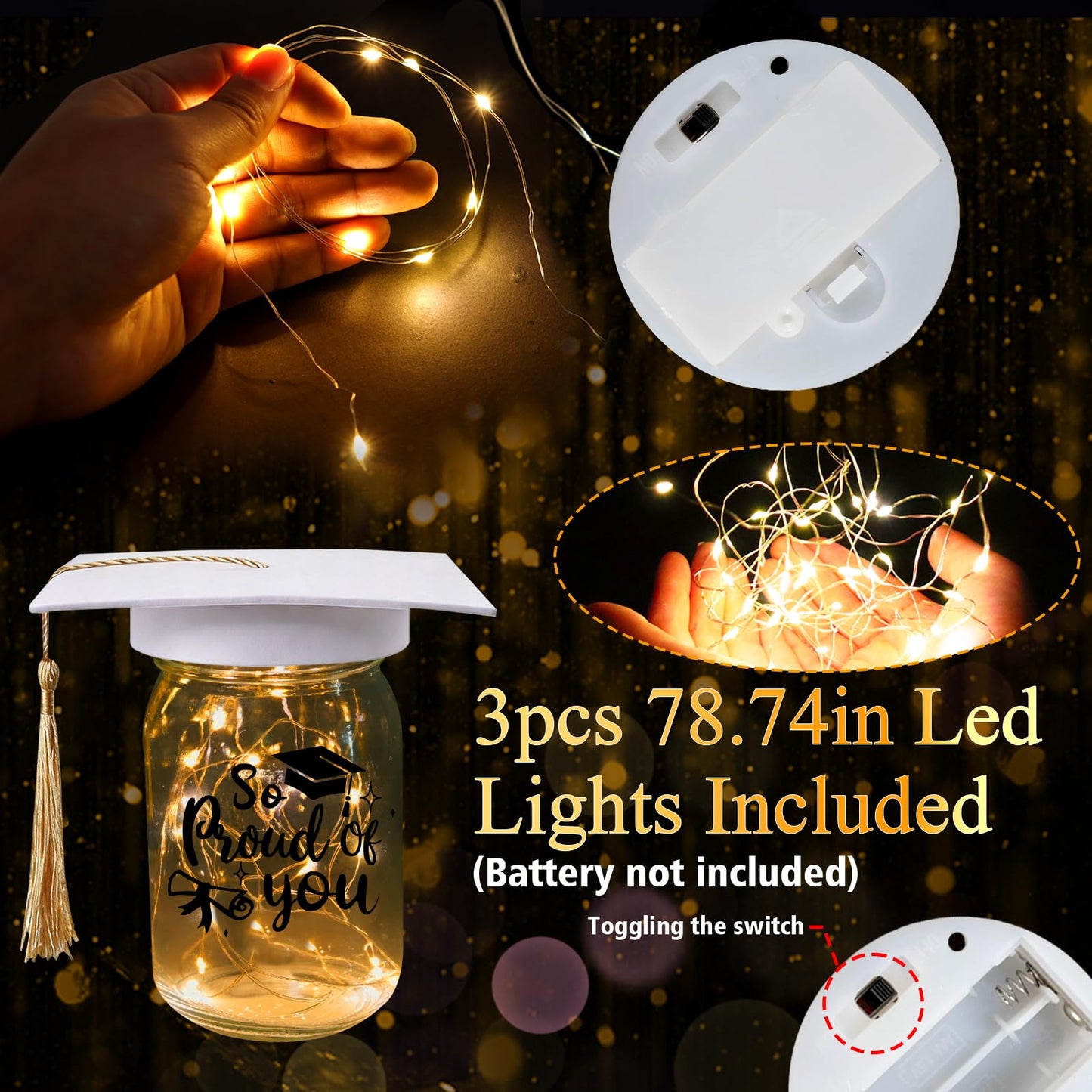 3 Sets 2026 Graduation Centerpieces for Tables, Glowing Mason Jar Centerpieces with Graduation Caps, Glowing Money Jars for College High School Congrats Grad Party Decor Supplies WN420