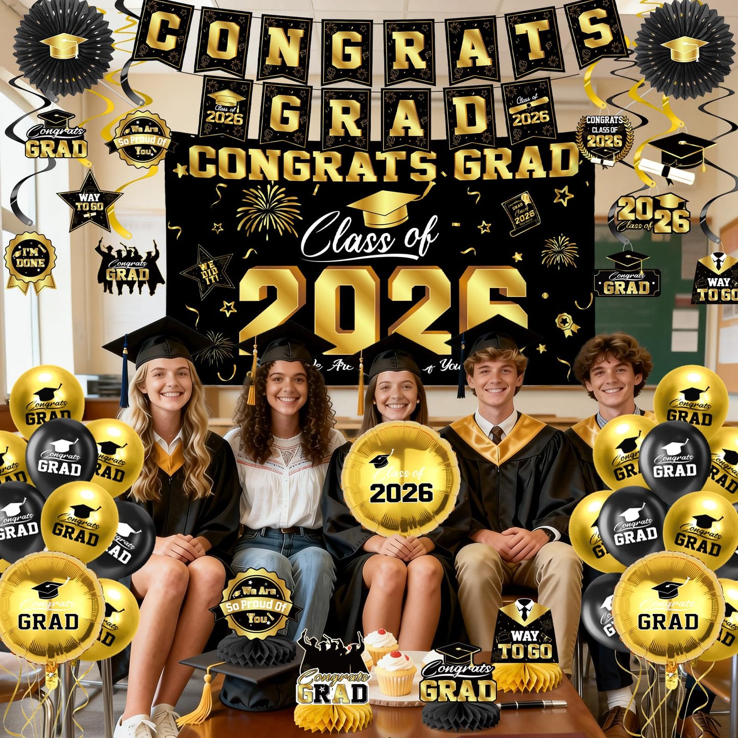 Graduation Decorations 2026-Blue and Black Graduation Party Decorations Supplies Class of 2026 with Graduation Banner, Backdrop, Balloons, Centerpieces, Hanging Swirl for Grad Party BST326H