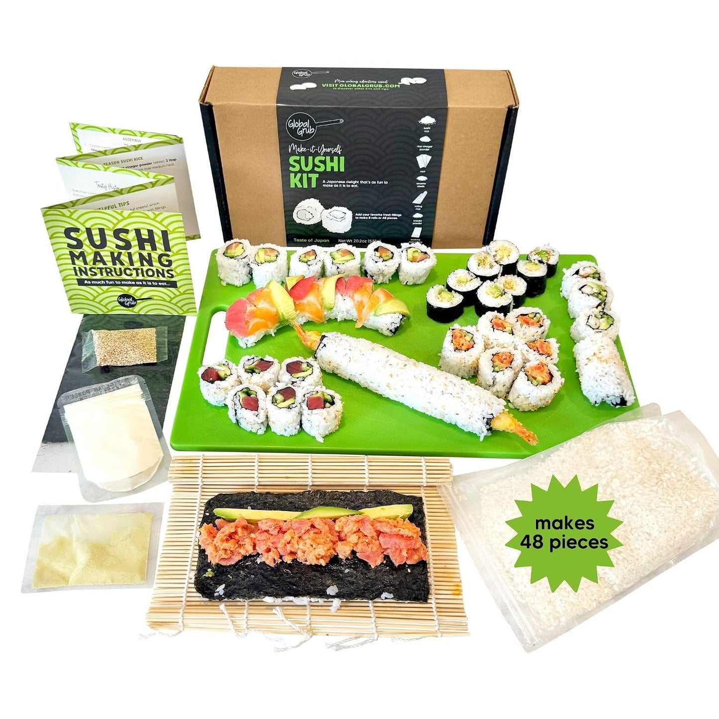 Global Grub DIY Sushi Making Kit - Sushi Kit With Ingredients - Sushi Rice, Nori Sushi Seaweed, Sushi Rice Seasoning, Sesame Seeds, Wasabi Powder - Bamboo Rolling Mat, Instructions, Makes 48 Pieces DD1210