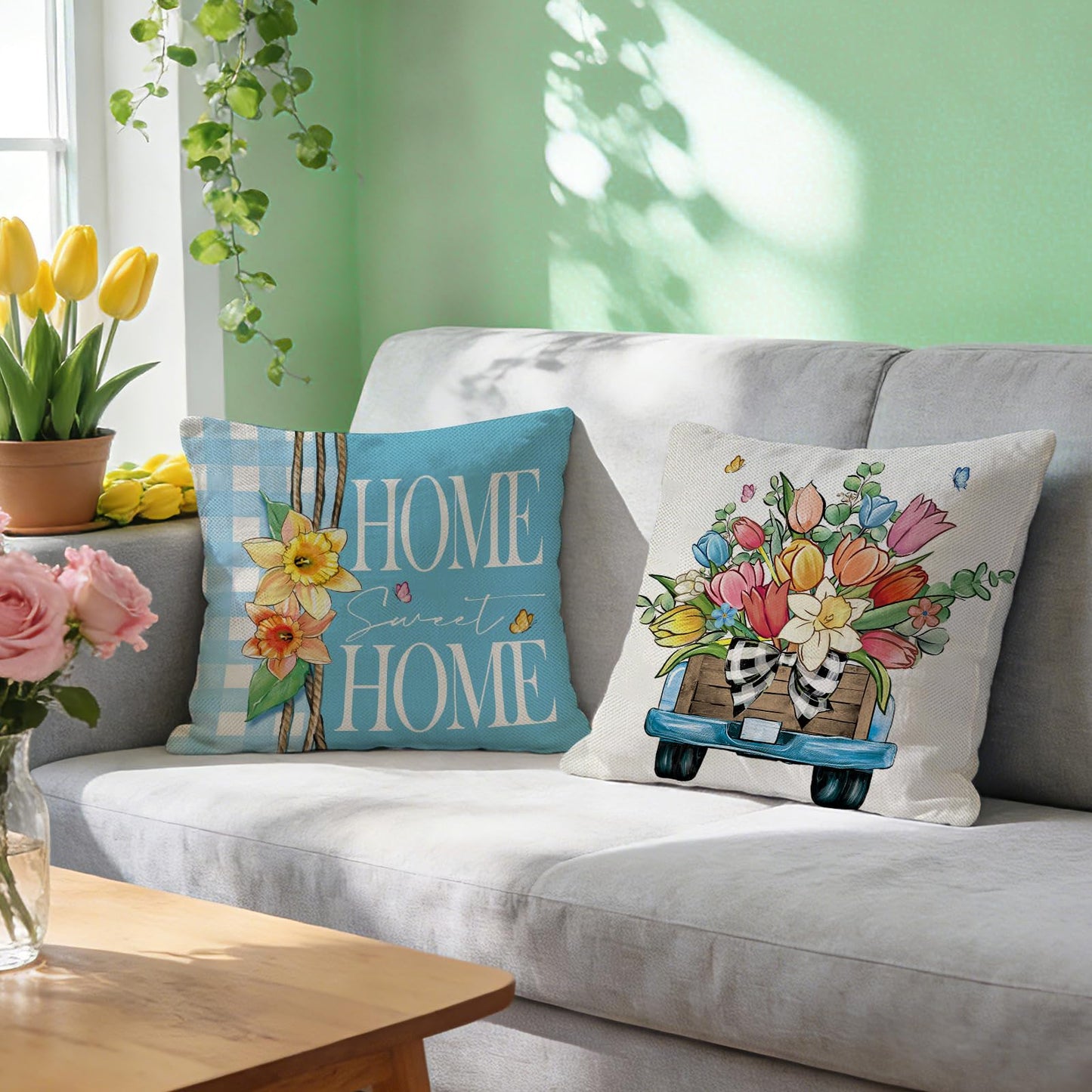 Spring Summer Daisy Flower Decorative Throw Pillow Covers | 18 x 18 Set of 4, Home Sweet Home Floral Wreath Watering Can Boots Porch Home Decor, Live Laugh Love Farmhouse Sofa Couch BST202