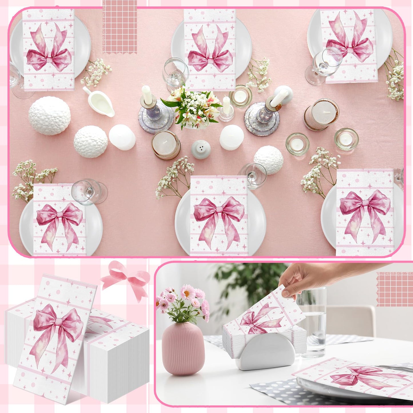 200 Pcs Pink Bow Napkins 3 Ply Coquette Bow Disposable Napkins Valentine's Day Paper Hand Towels Party Gifts Bulk for Bridal Shower Bachelorette Tea Party Birthday Decor(Classic Style) BST202