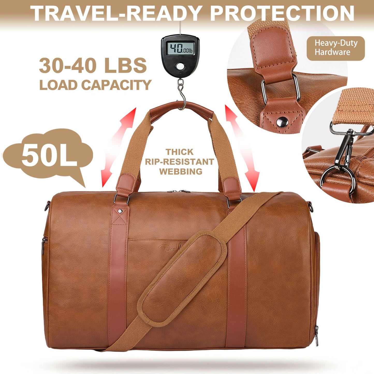 Large 4-in-1 Leather Duffle Bag for Travel Weekender Overnight Hospital Gym Bag for Men & Women, Carry On Airline Approved Personal Item Duffel Garment Bag Luggage with Shoe Compartment & Toiletry Bag BST326H