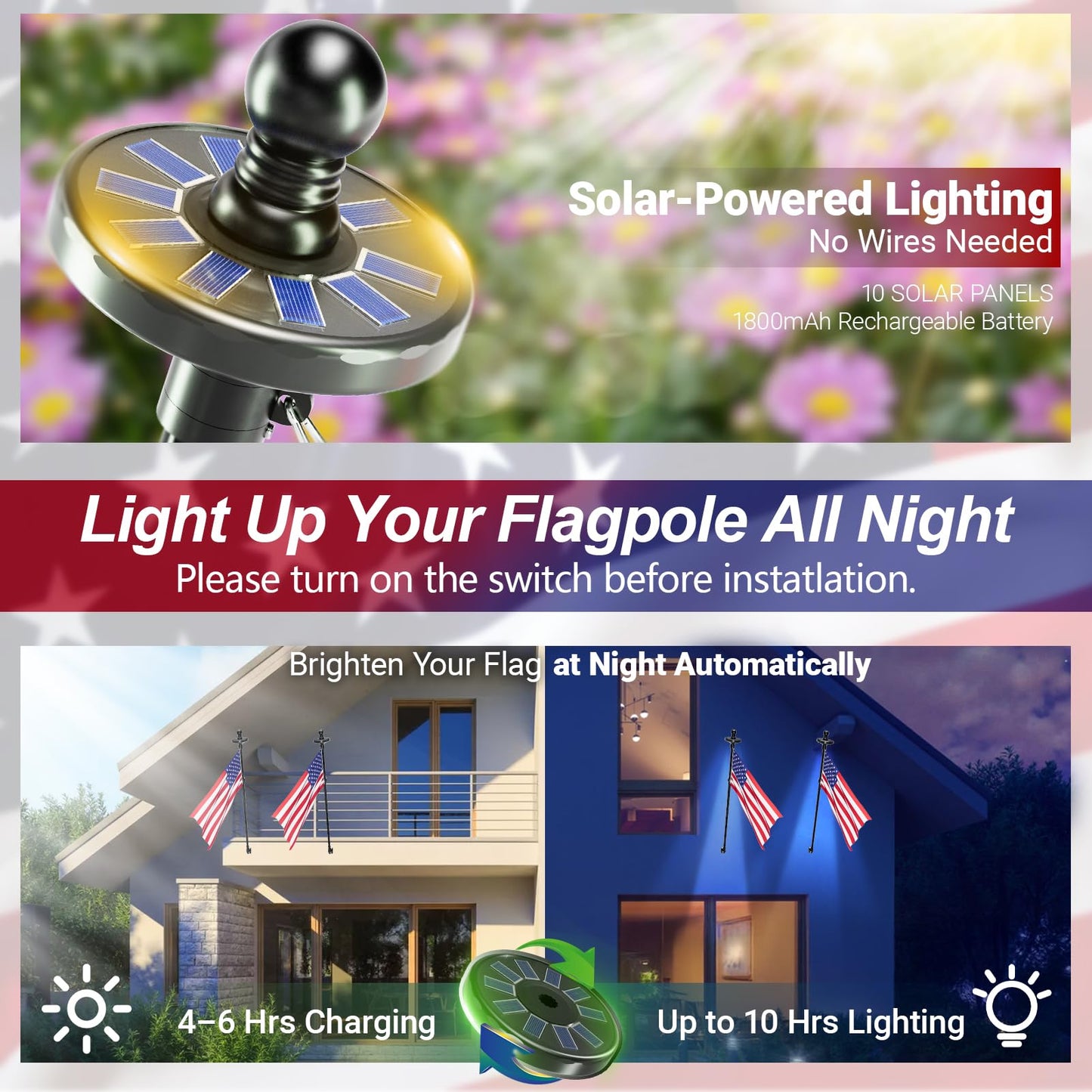 Sprookber 5ft Solar Light Flag Pole kit with American Flag – 180°Adjustable Bracket and Tangle Free Rings, Stainless Steel FlagPoles for Outside House, Residential or Commercial use, Silver WN420
