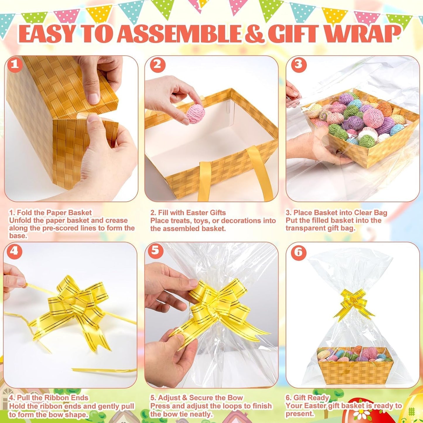 APUDWN 12 Pack Gift Baskets with Handles, Pastel Paper Baskets with Cellophane Bags and Pull Bows, Colorful Gift Containers for Candy Snacks Party Favors Classroom Supplies 9.8 x 7.9 x 3.5 Inch BST220