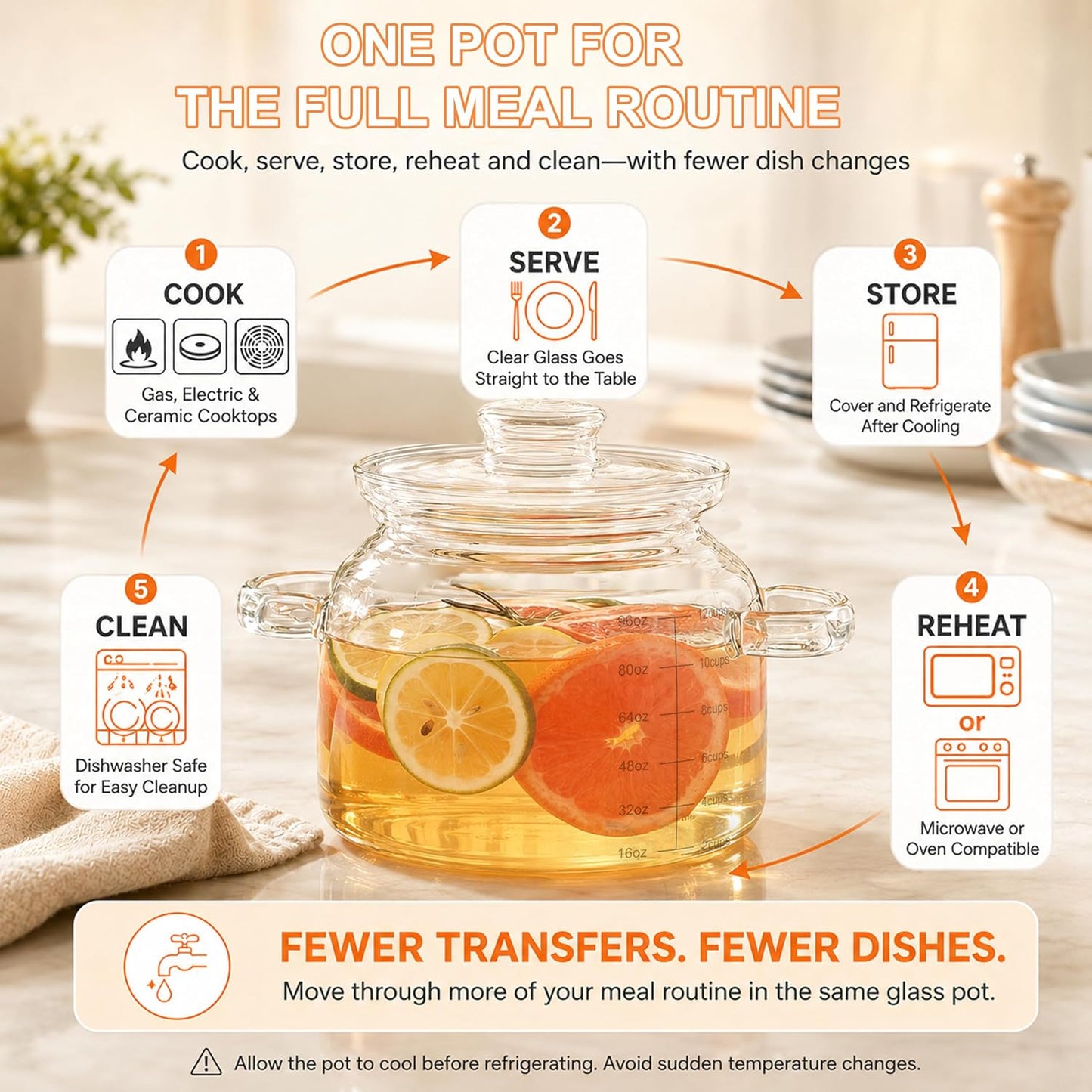 3.2 QT Glass Simmer Pot with Lid and Measuring Marks for Stovetop | 5 mm Borosilicate Glass, 96 oz Measuring Marks, Gas, Electric & Ceramic Cooktops, Microwave, Oven & Dishwasher Safe DD1210