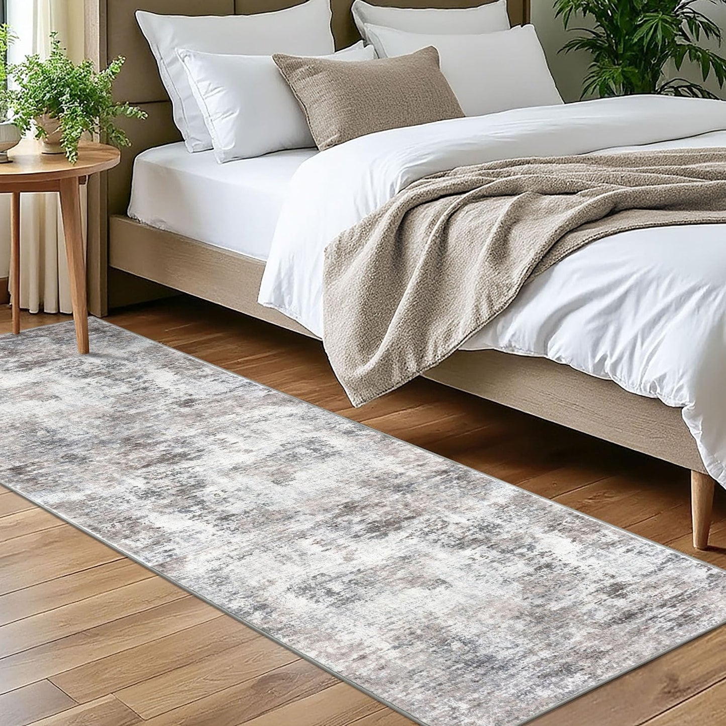 Lansny Modern Abstract Runner - 2x5, Beige Grey Washable Kitchen Entryway Rug Mat Non-Slip Soft Neutral Hallway Rug Thin Print Faux Wool Carpet for Bedroom Laundry Room Indoor BST220