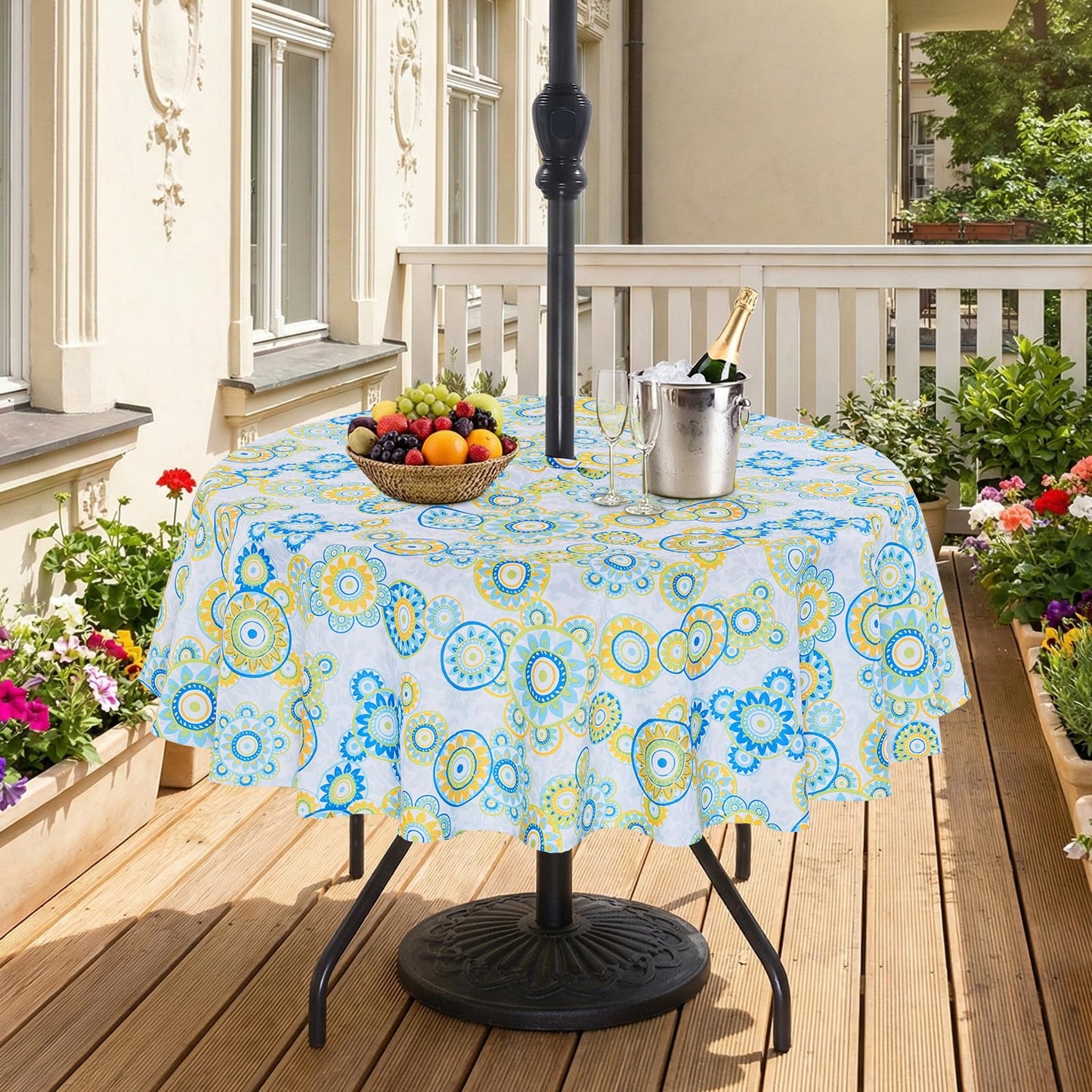 Eternal Beauty 52” Round Tablecloth Waterproof Outdoor Tablecloth with Umbrella Hole Zipper for Spring Summer Patio Picnic Tables (Tropical Palm Leaf) BST326H