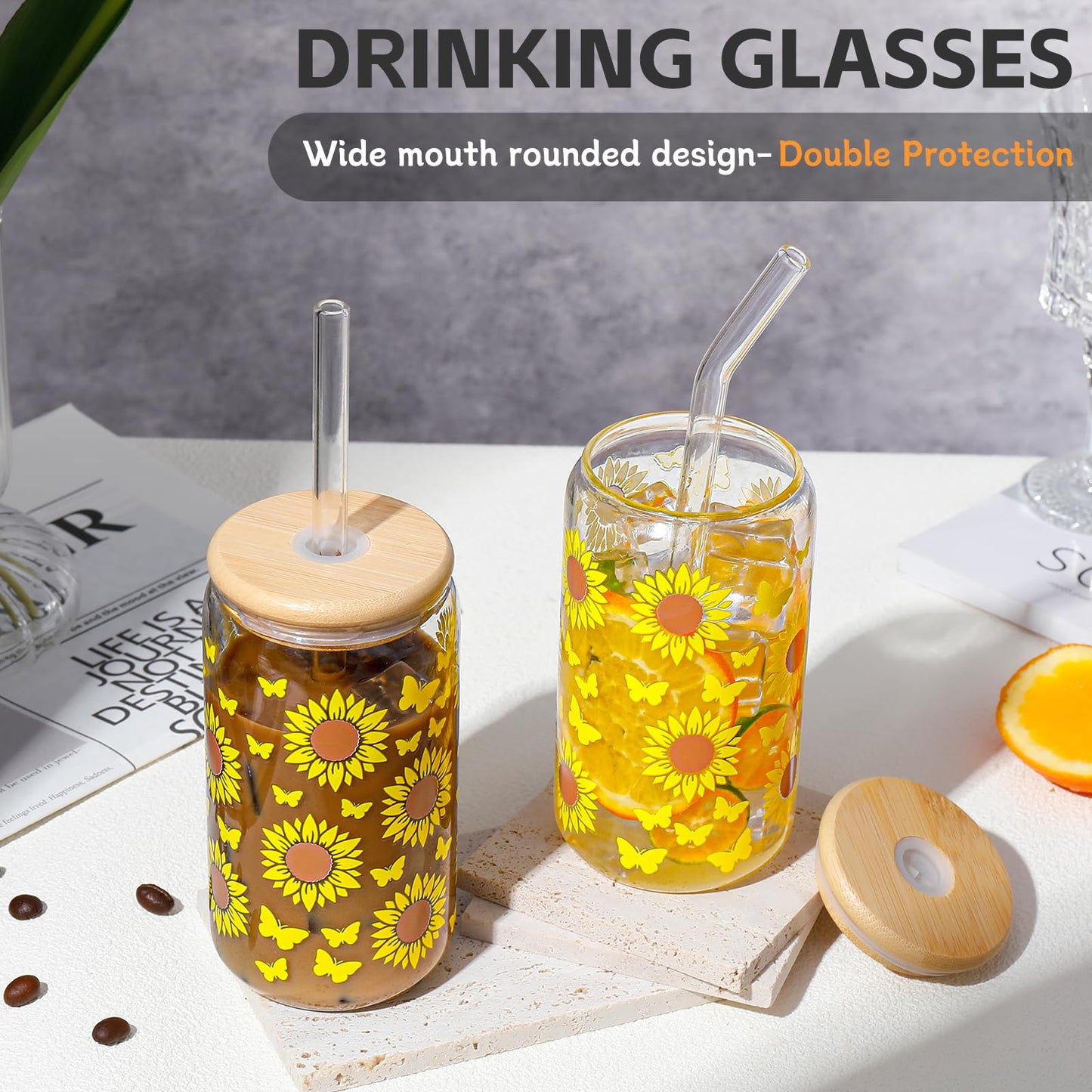 DWTS DANWEITESI Glass Cups “20oz”,Glass Cups with Lids and Straws 4 pcs-Coffee Cups,Drinking Glasses Set,Glass Tumbler with Straw and Lid Gift 2 Cleaning Brushes 600ml BST202
