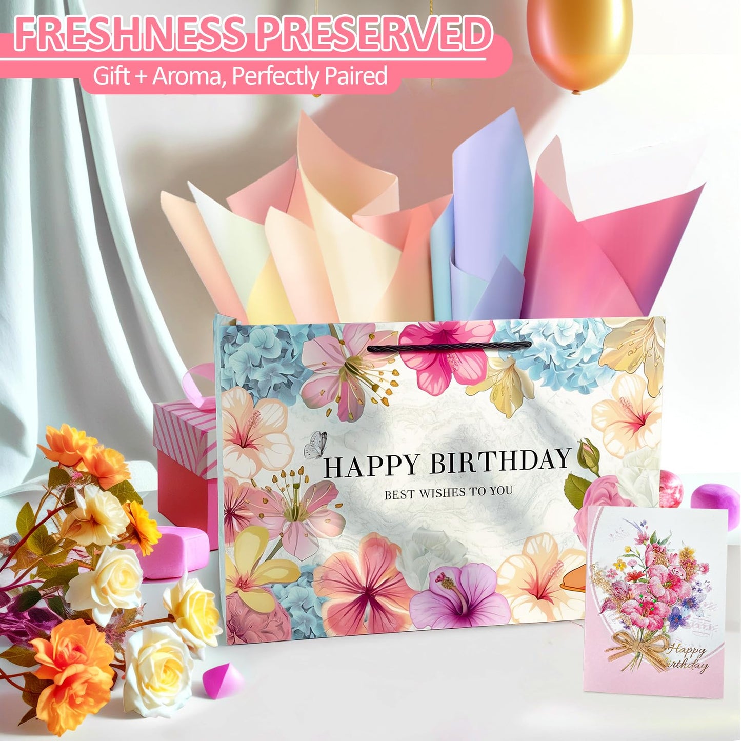 Kecorax Birthday Gift Bag for Women, 14" Large Birthday Bags Set for Girls with Tissue Paper, Card and Ribbons, Suitable for Birthday-themed Parties BST220